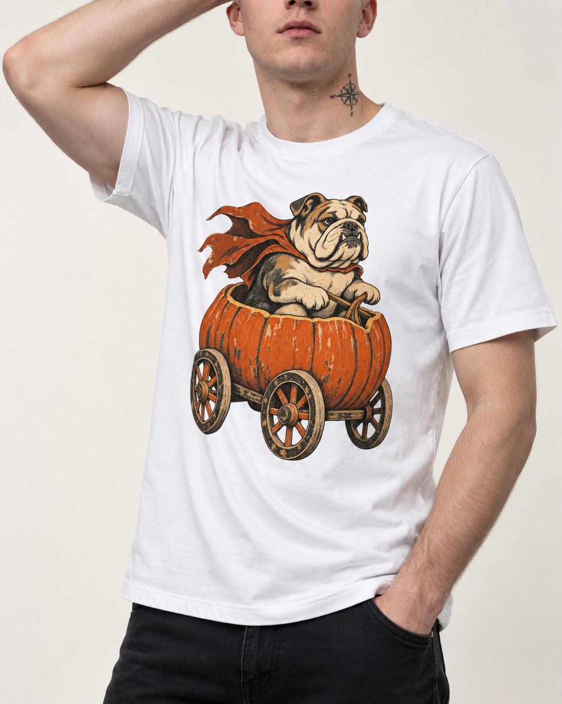 English Bulldog Midnight Magic T-Shirt in White, worn by a model, front view