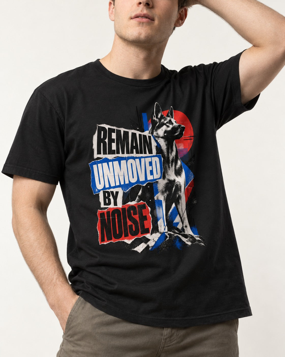 Remain Unmoved By Noise Brutalist Collage German Shepherd Dog Graphic T-Shirt in Black, worn by a model, front view