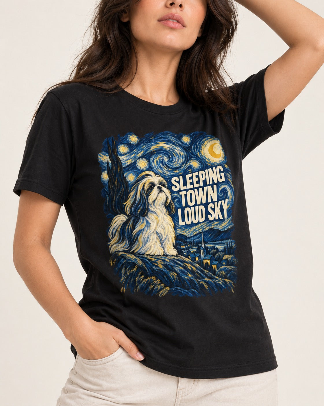 Shih Tzu Sleeping Town Loud Sky Swirling Night Graphic T-Shirt in Black, worn by a model, front view