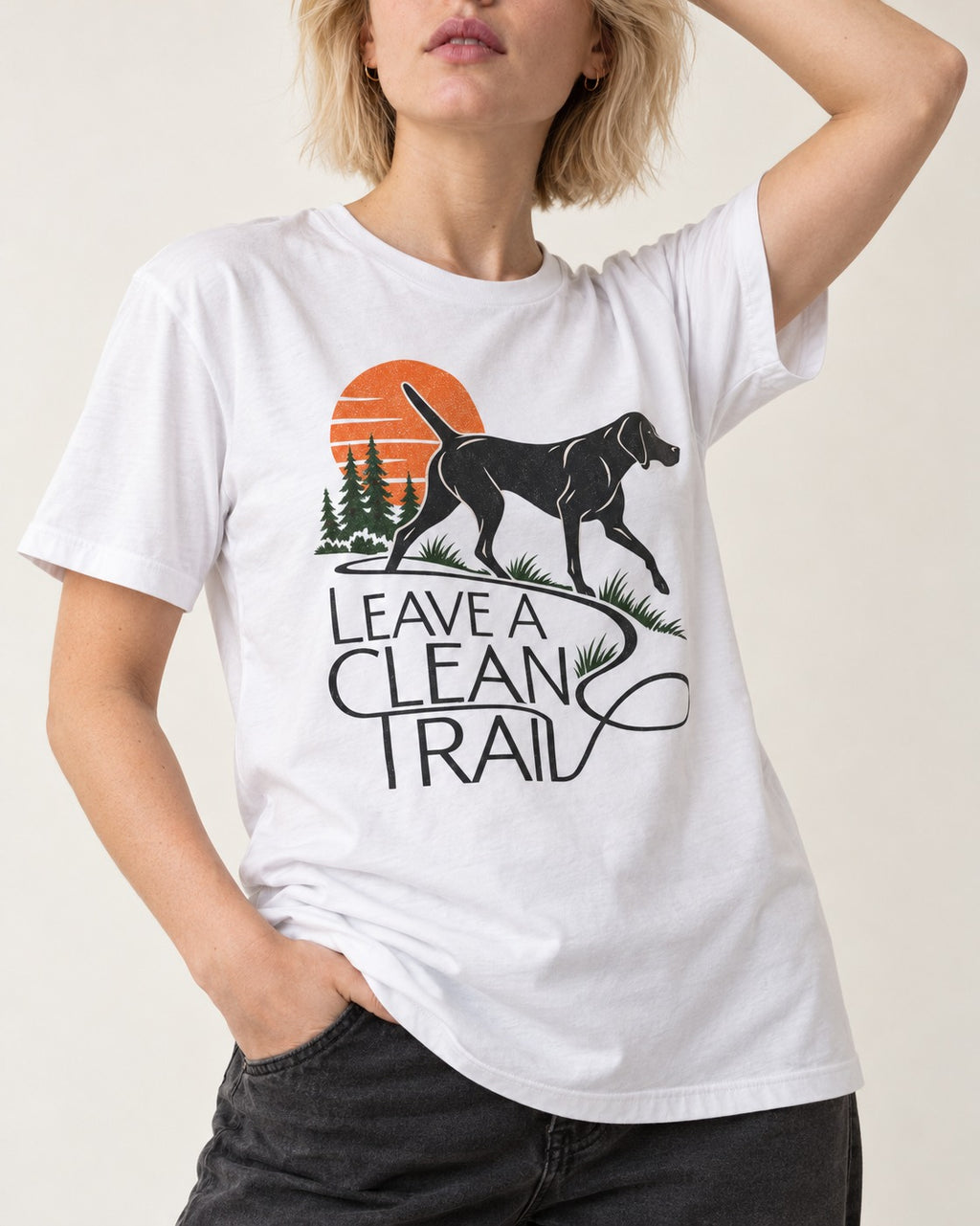 Leave a Clean Trail German Shorthaired Pointer T-Shirt in White, worn by a model, front view