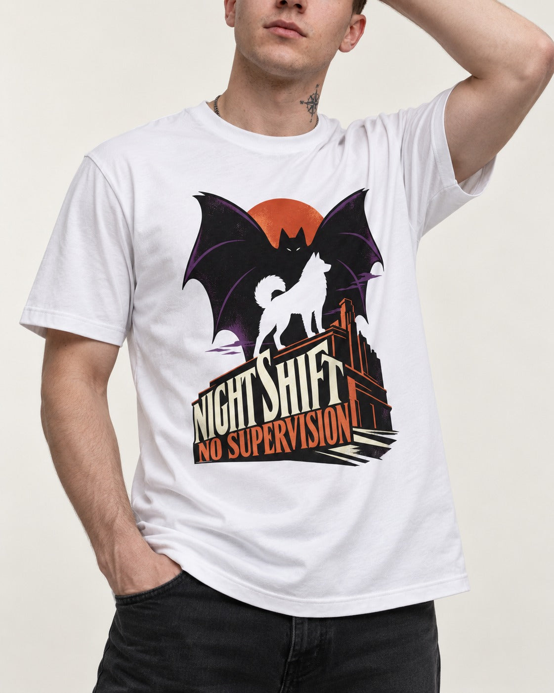 Husky Night Shift No Supervision T-Shirt in White, worn by a model, front view