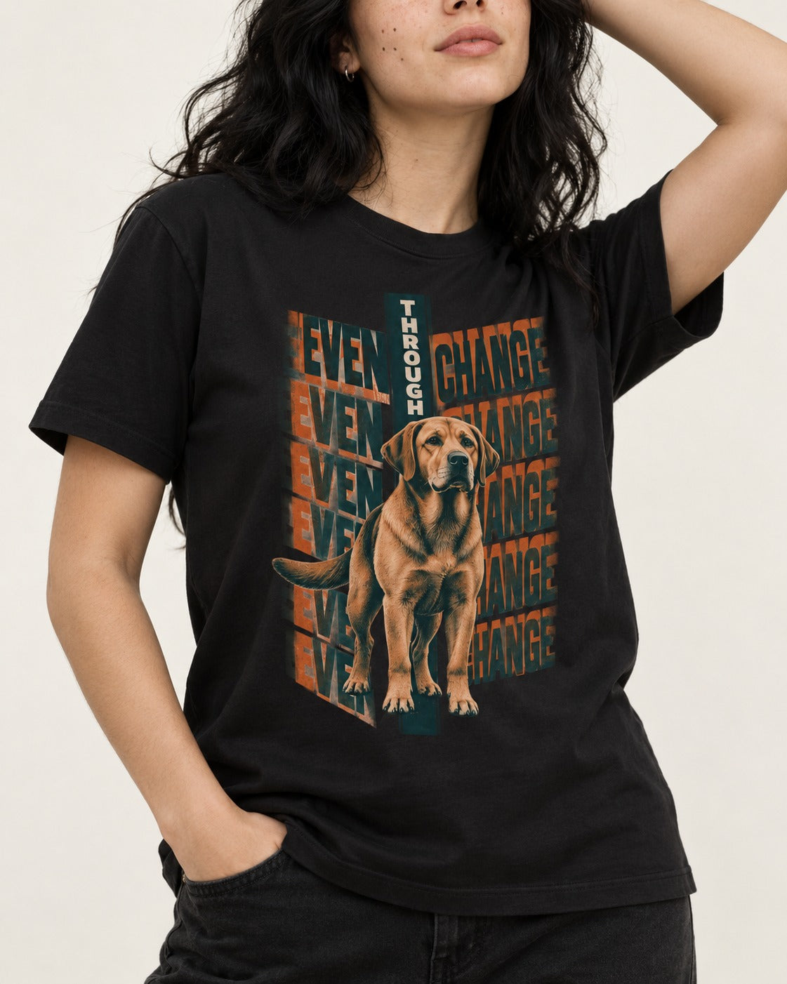 Labrador Retriever Even Through Change Repeated Poster Graphic T-Shirt in Black, worn by a model, front view