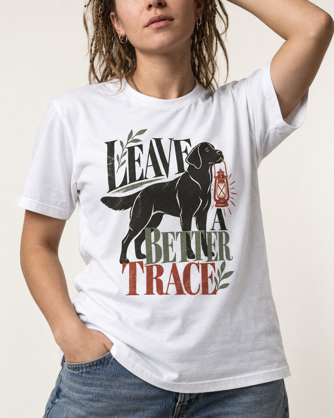 Leave a Better Trace Labrador Retriever T-Shirt in White, worn by a model, front view