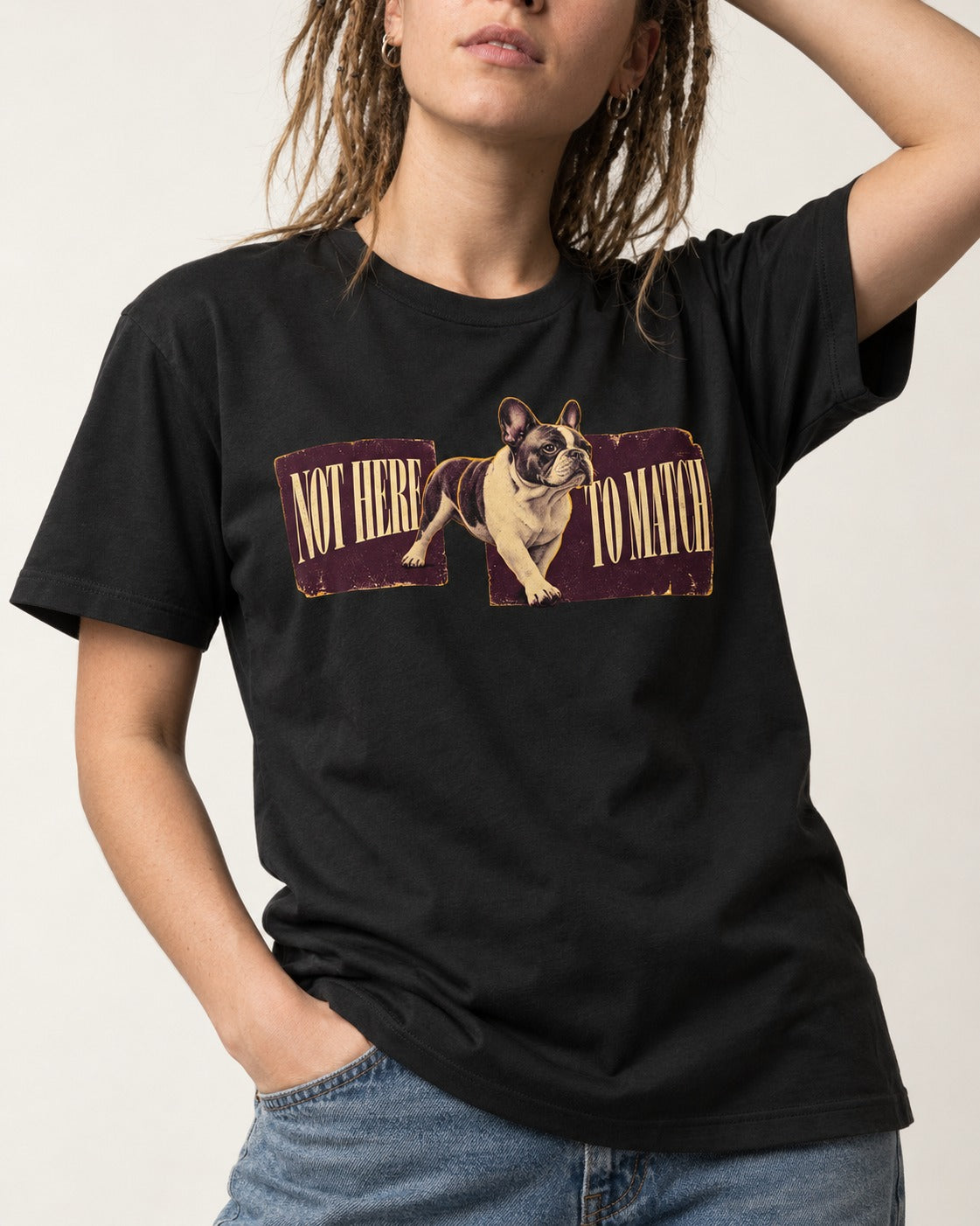 Frenchie Not Here to Watch Panels Graphic T-Shirt in Black, worn by a model, front view