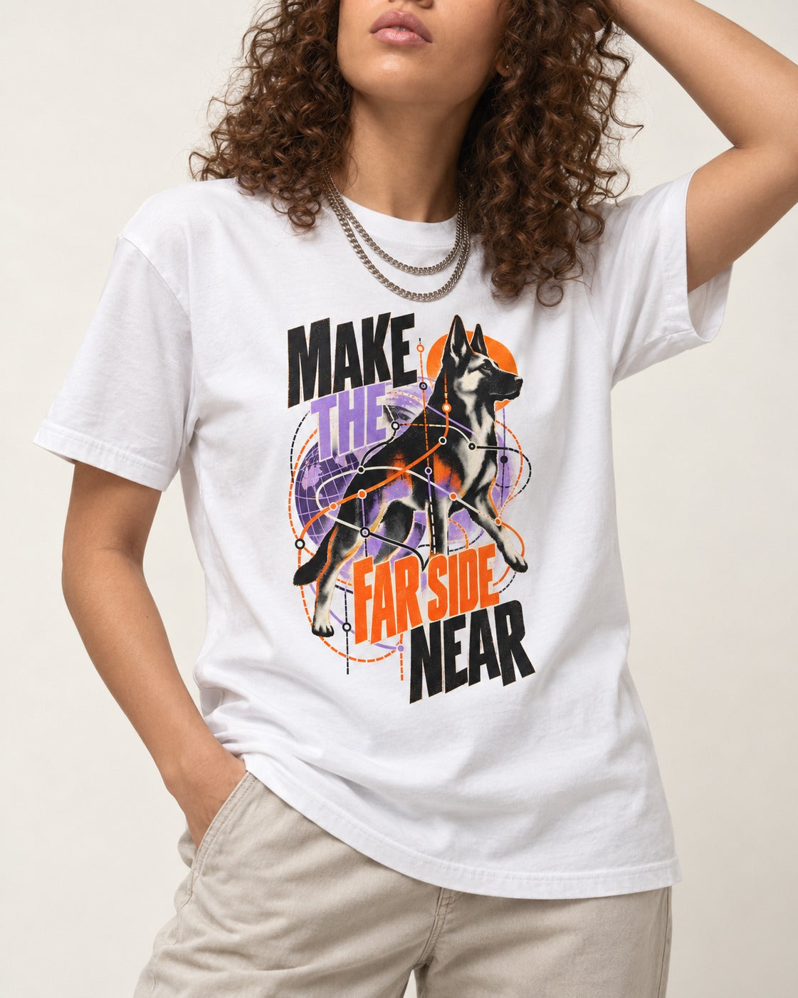 German Shepherd Dog Far Side Near T-Shirt in White, worn by a model, front view