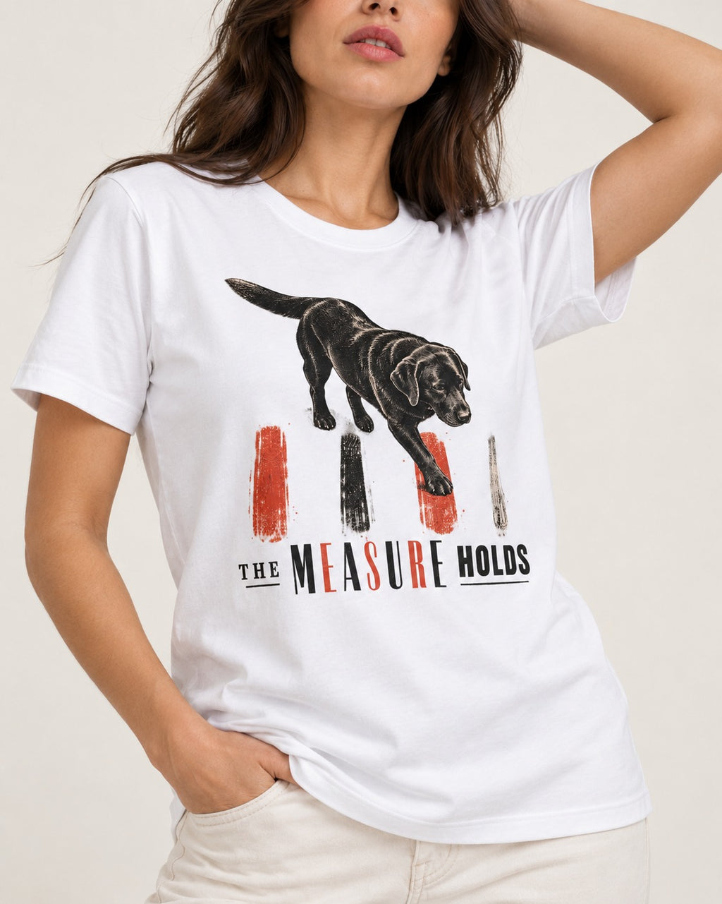 Labrador Retriever The Measure Holds T-Shirt in White, worn by a model, front view