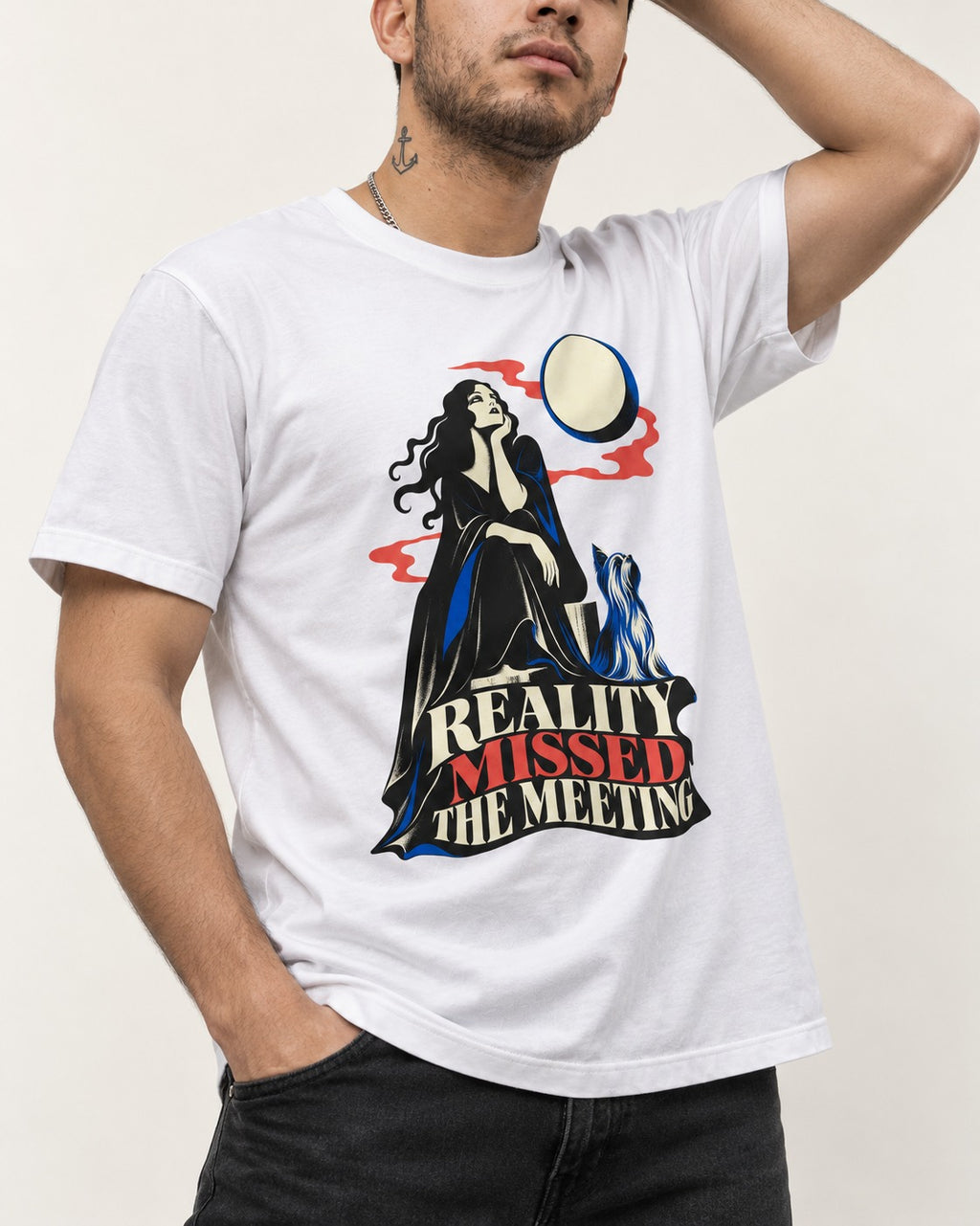 Yorkshire Terrier Reality Missed the Meeting T-Shirt in White, worn by a model, front view