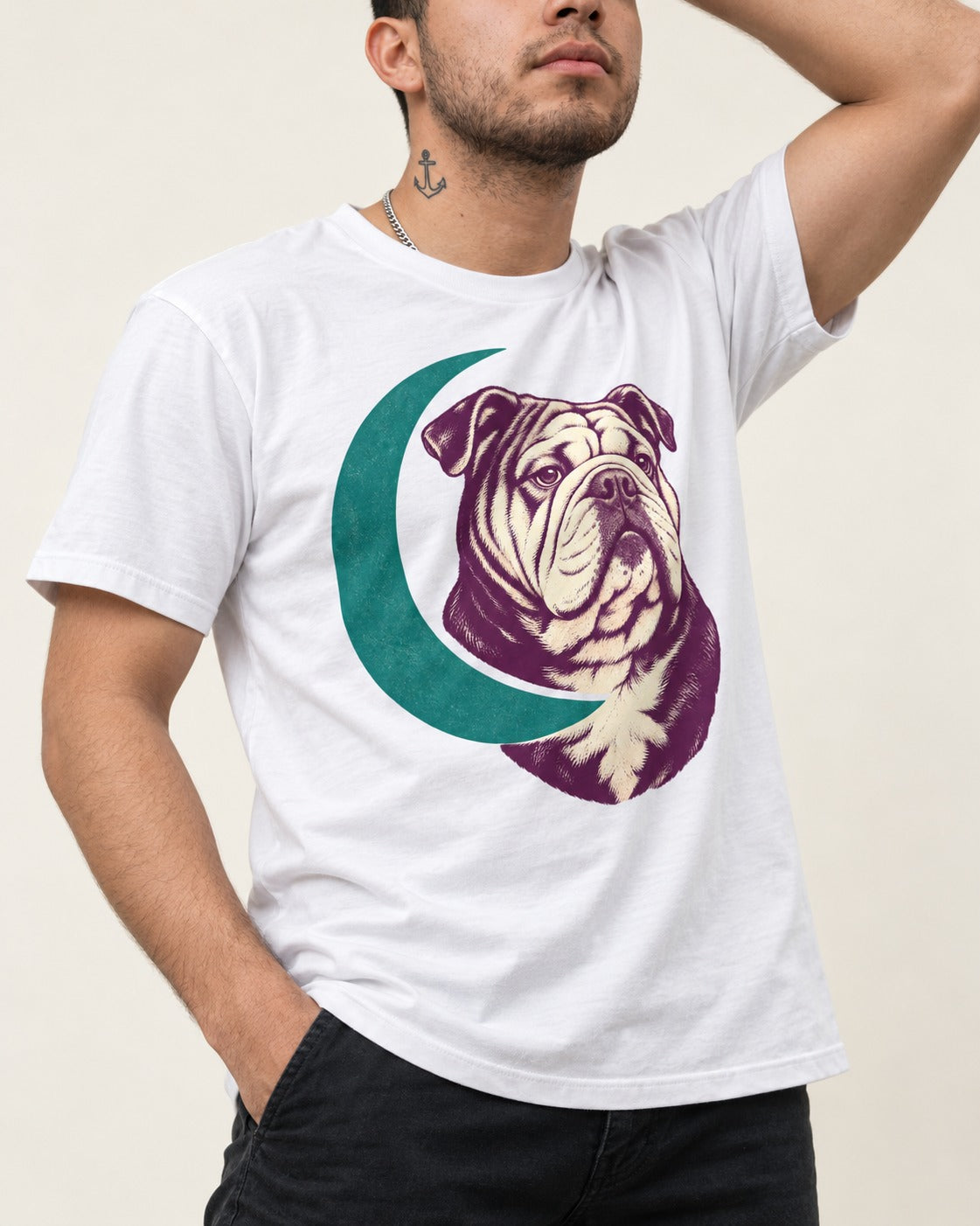 Moonstruck English Bulldog T-Shirt in White, worn by a model, front view