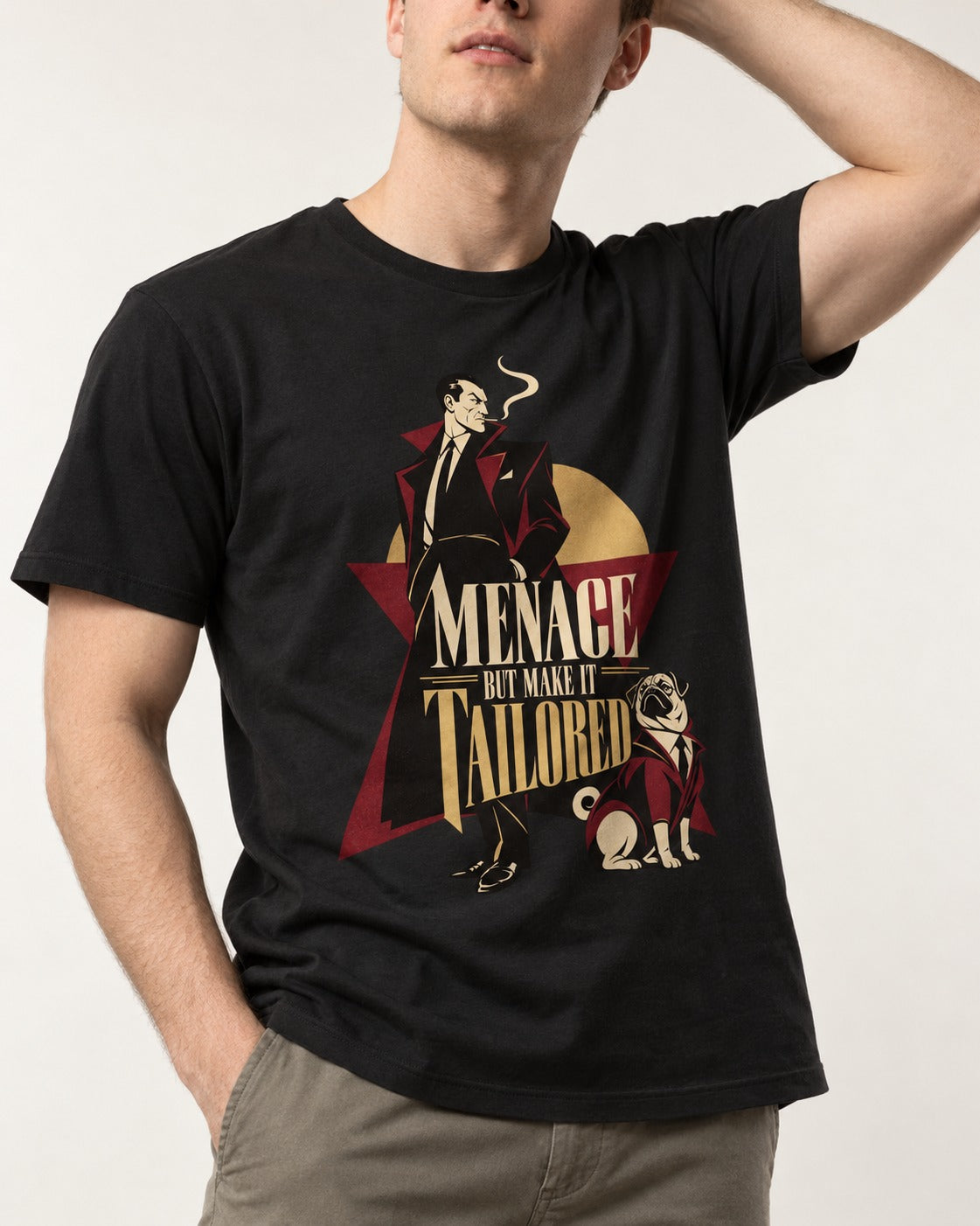 Pug Menace But Make It Tailored Graphic T-Shirt in Black, worn by a model, front view