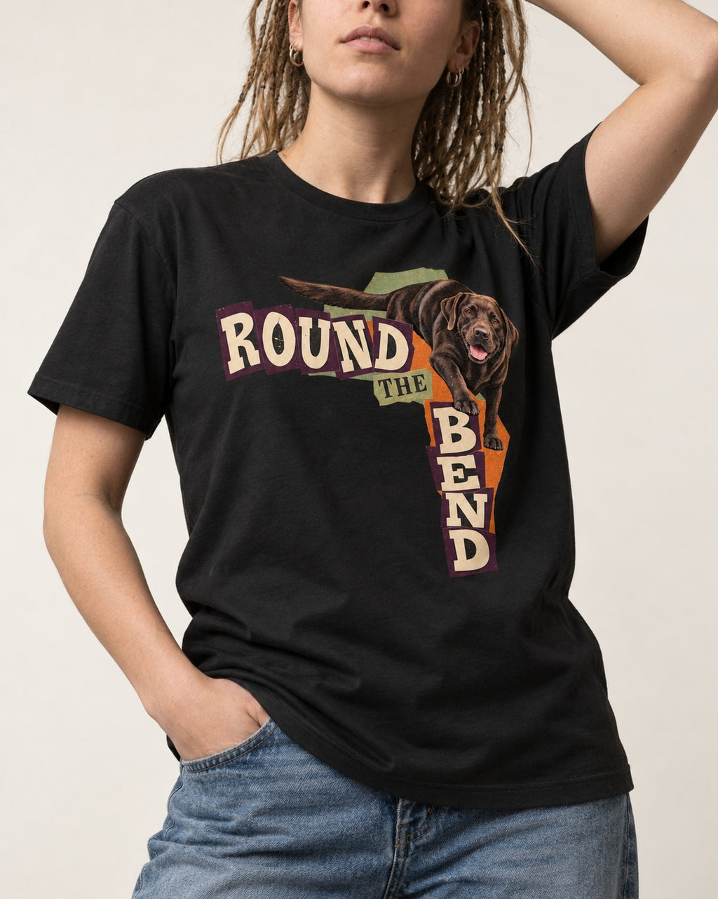 Labrador Retriever Round the Bend Collage Graphic T-Shirt in Black, worn by a model, front view