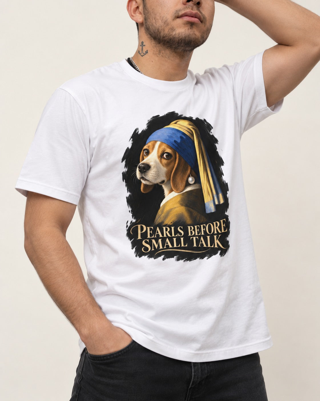 Beagle Paris Before Small Talk T-Shirt in White, worn by a model, front view
