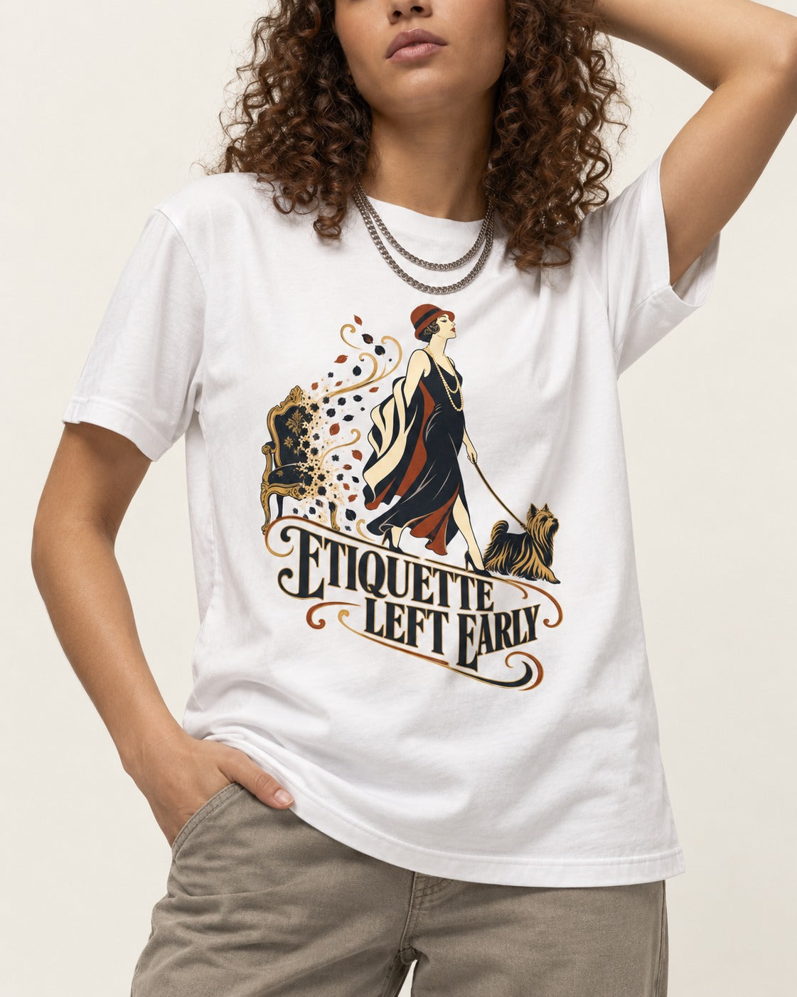 Yorkshire Terrier Etiquette Left Early T-Shirt in White, worn by a model, front view