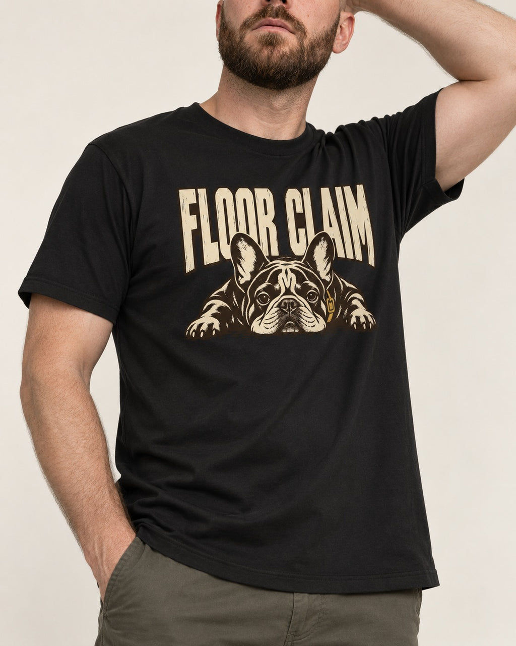 Frenchie Floor Claim Resting Graphic T-Shirt in Black, worn by a model, front view