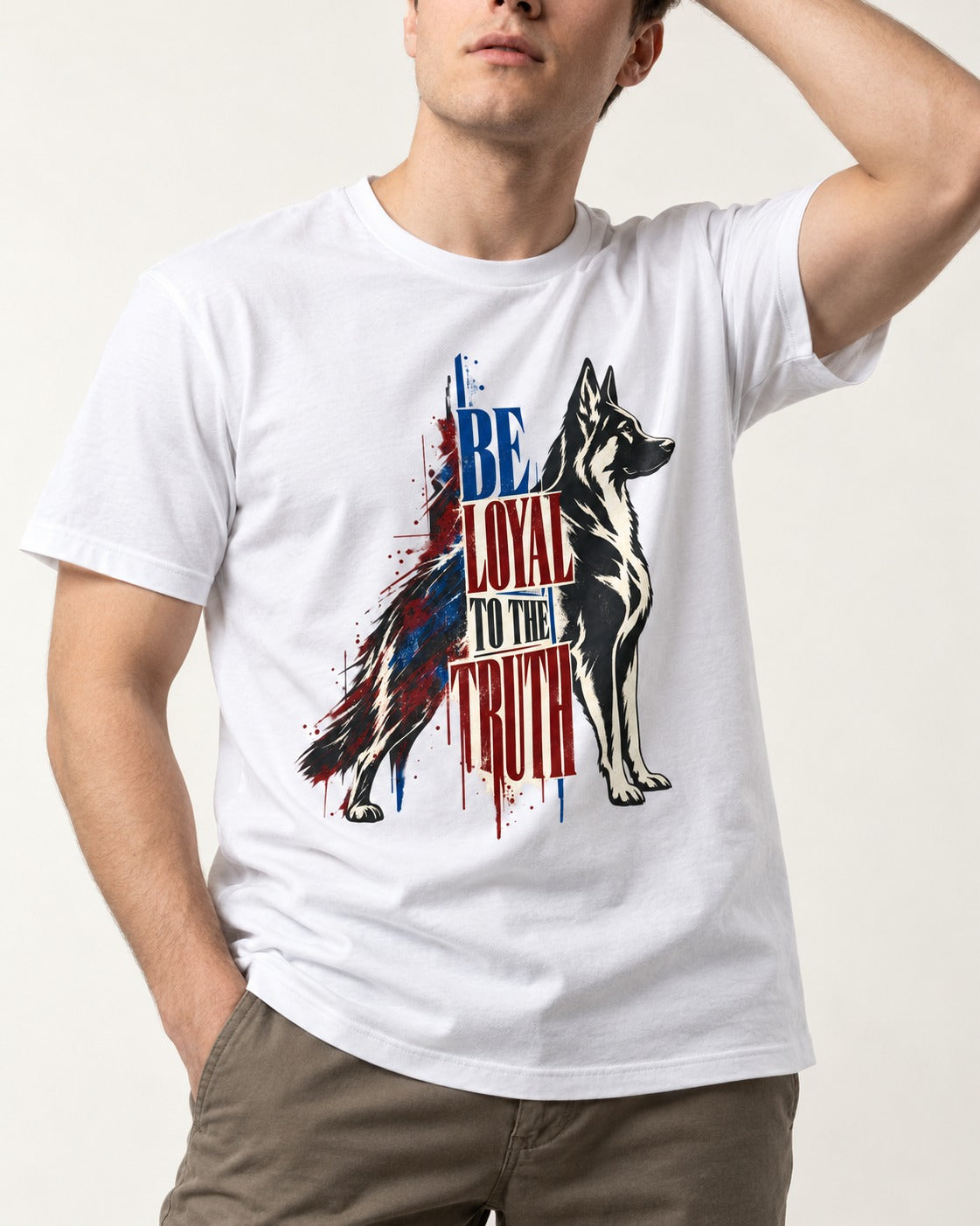 Loyal to the Truth German Shepherd Dog T-Shirt in White, worn by a model, front view