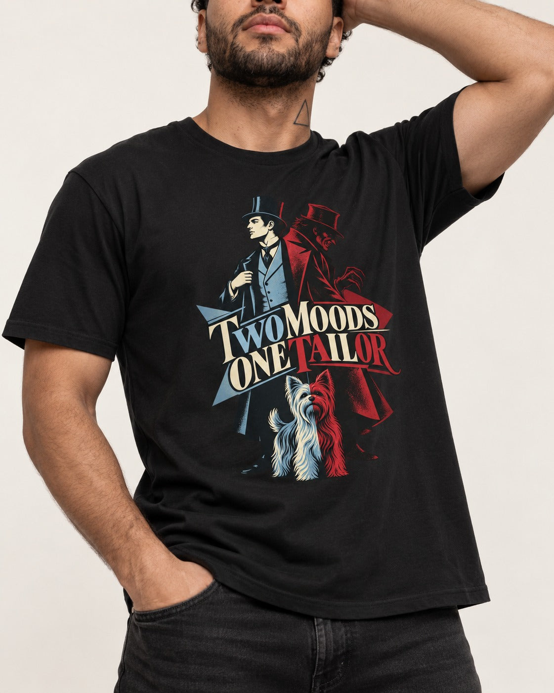 Yorkshire Terrier Two Moods One Tailor Split Persona Graphic T-Shirt in Black, worn by a model, front view