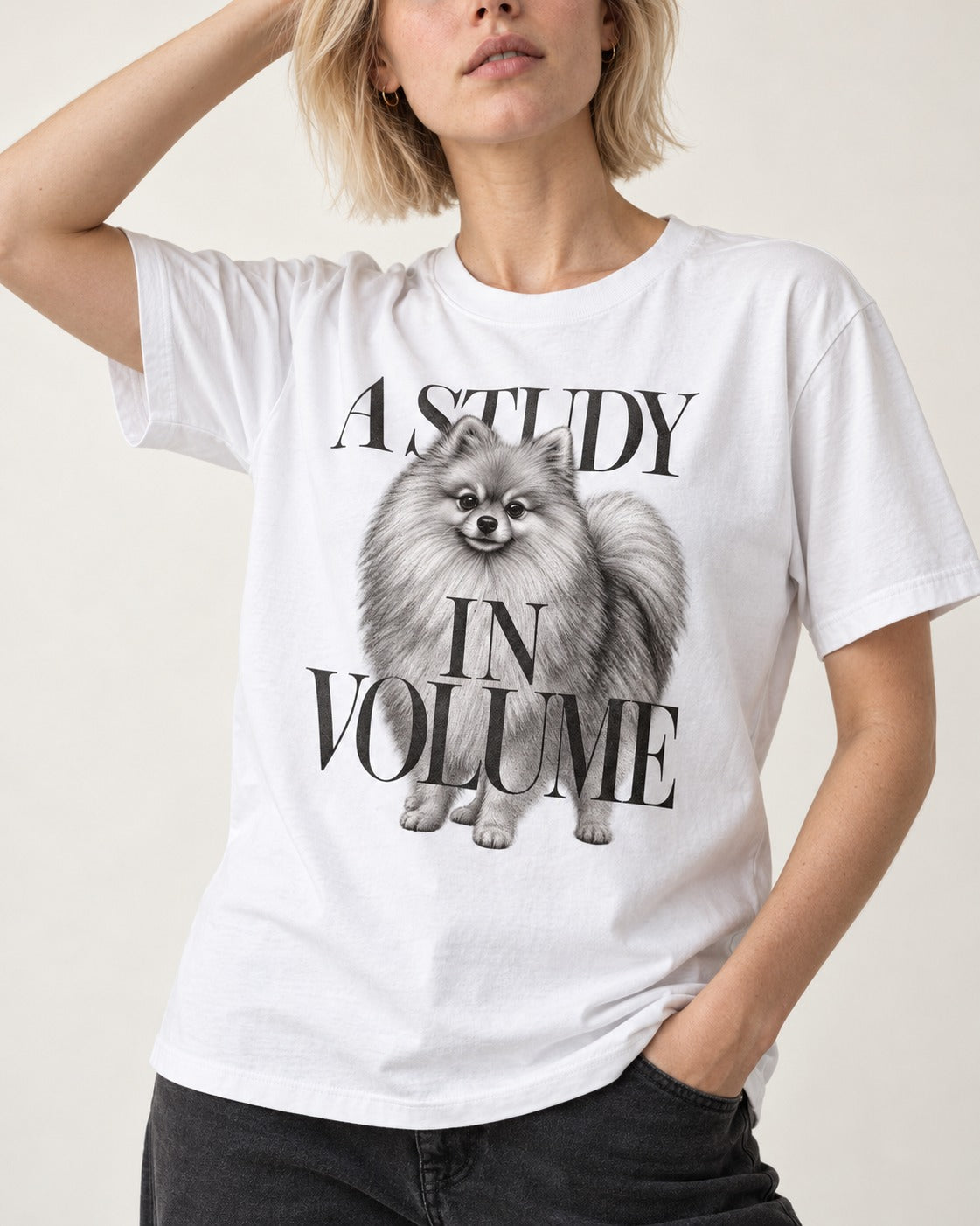 Pomeranian Study in Volume T-Shirt in White, worn by a model, front view