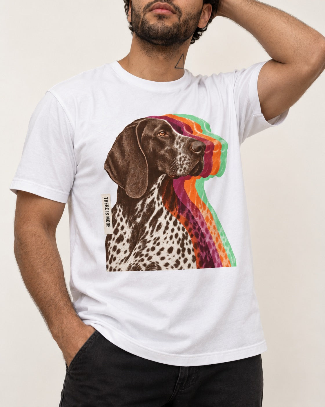 There Is More German Shorthaired Pointer T-Shirt in White, worn by a model, front view
