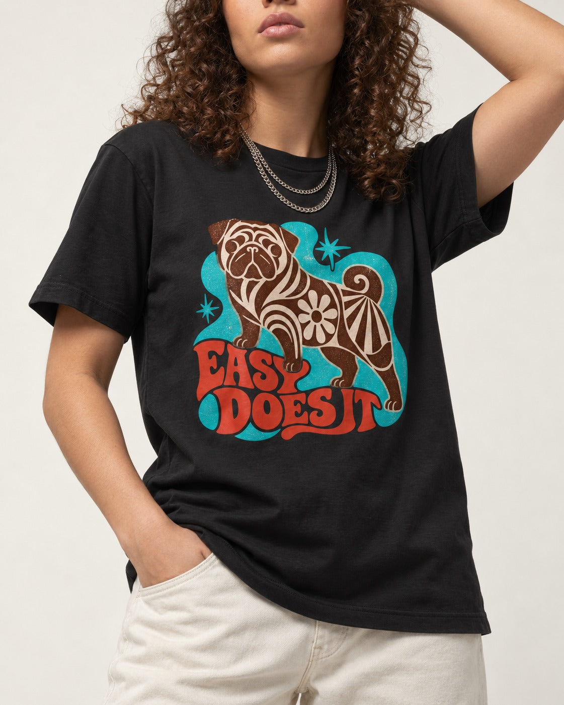 Pug Easy Does It Retro Floral Graphic T-Shirt in Black, worn by a model, front view