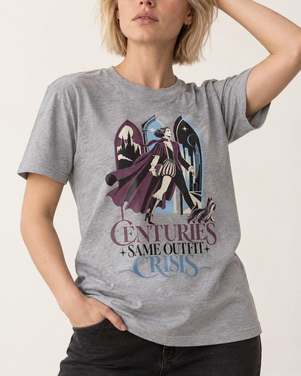 Yorkshire Terrier Centuries Same Outfit Crisis Gothic Graphic T-Shirt in Sport Grey, worn by a model, front view