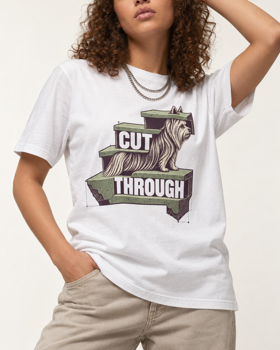 Yorkshire Terrier Cut Through T-Shirt in White, worn by a model, front view