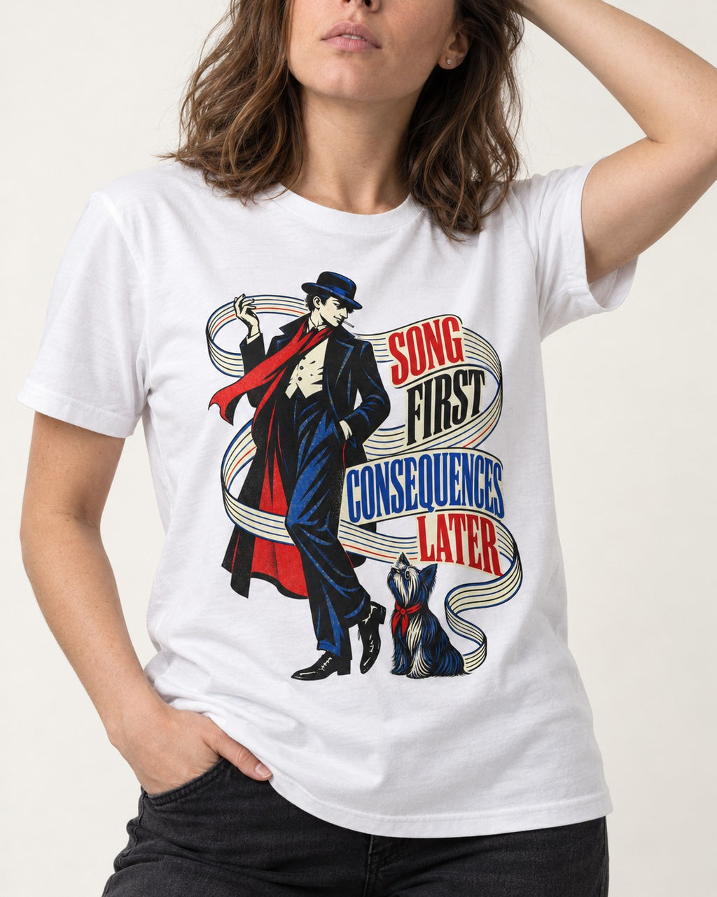 Yorkshire Terrier Song First Consequences Later T-Shirt in White, worn by a model, front view