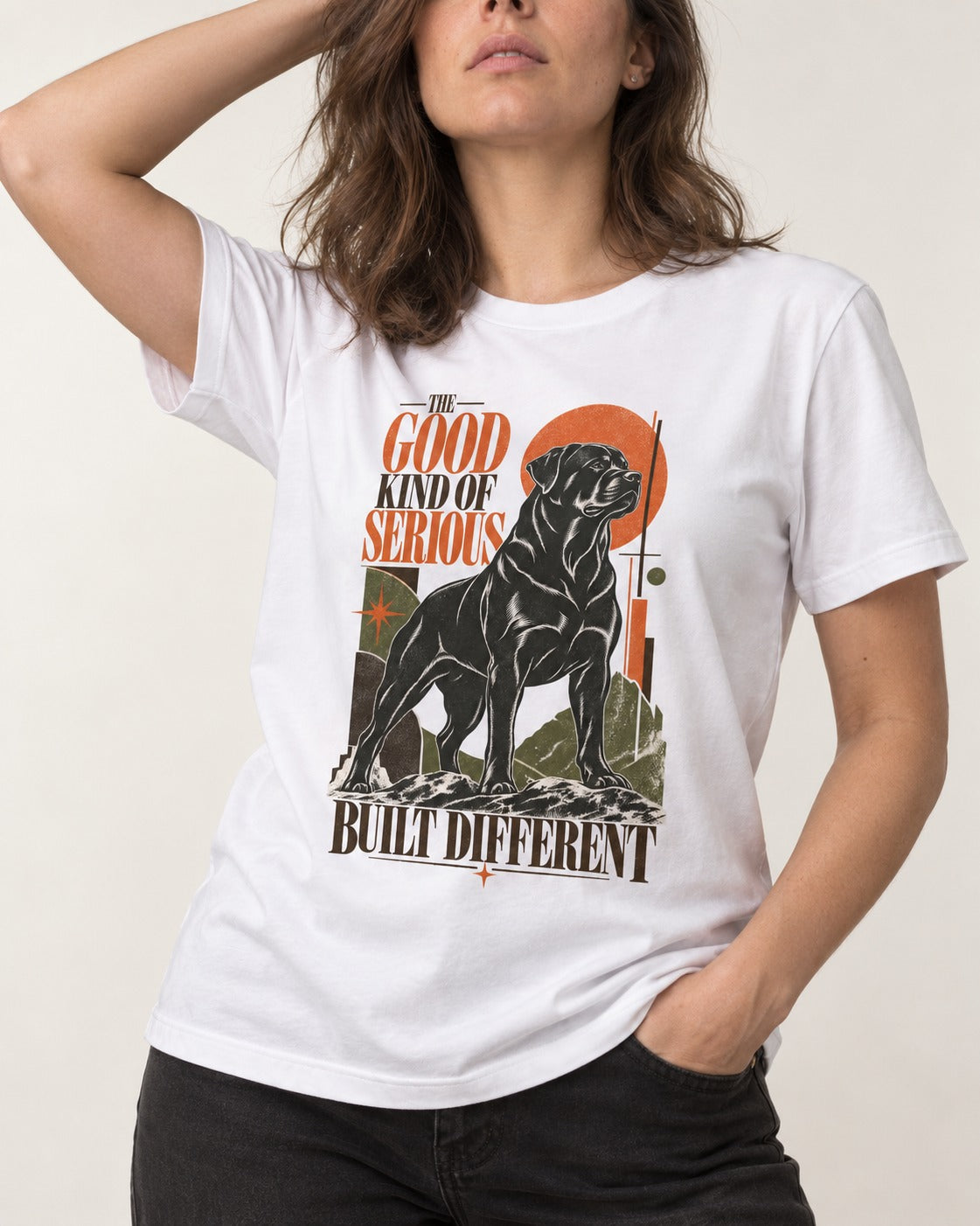 Rottweiler Built Different T-Shirt in White, worn by a model, front view