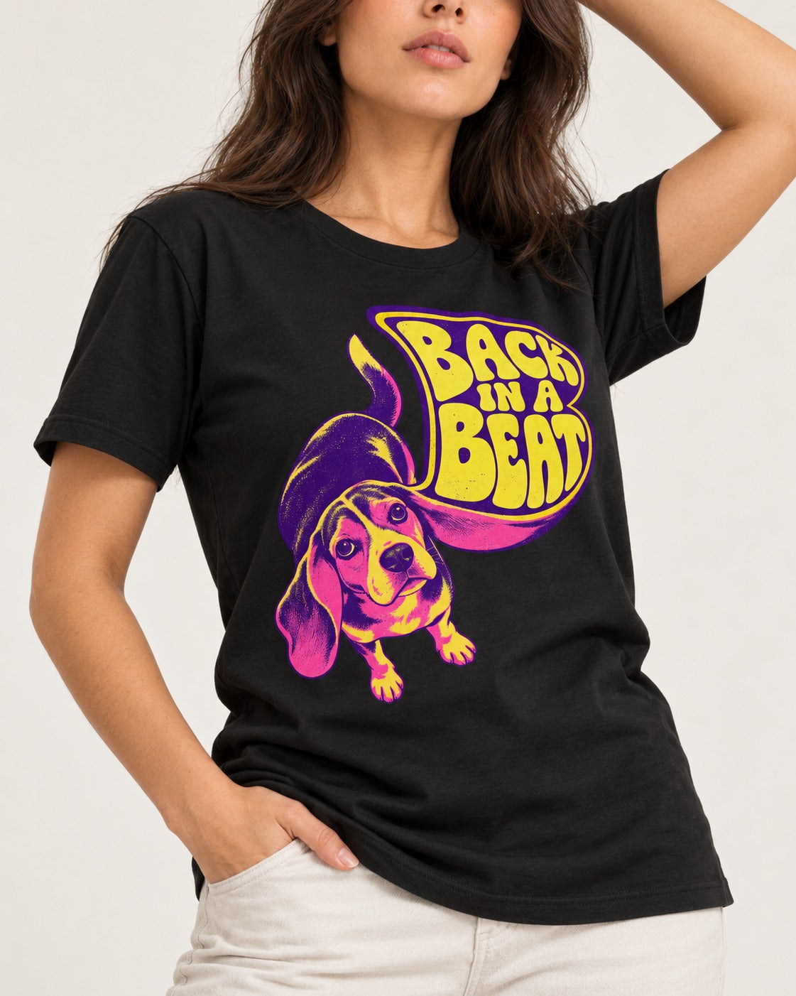 Groovy Beagle Back In A Beat T-Shirt in Black, worn by a model, front view