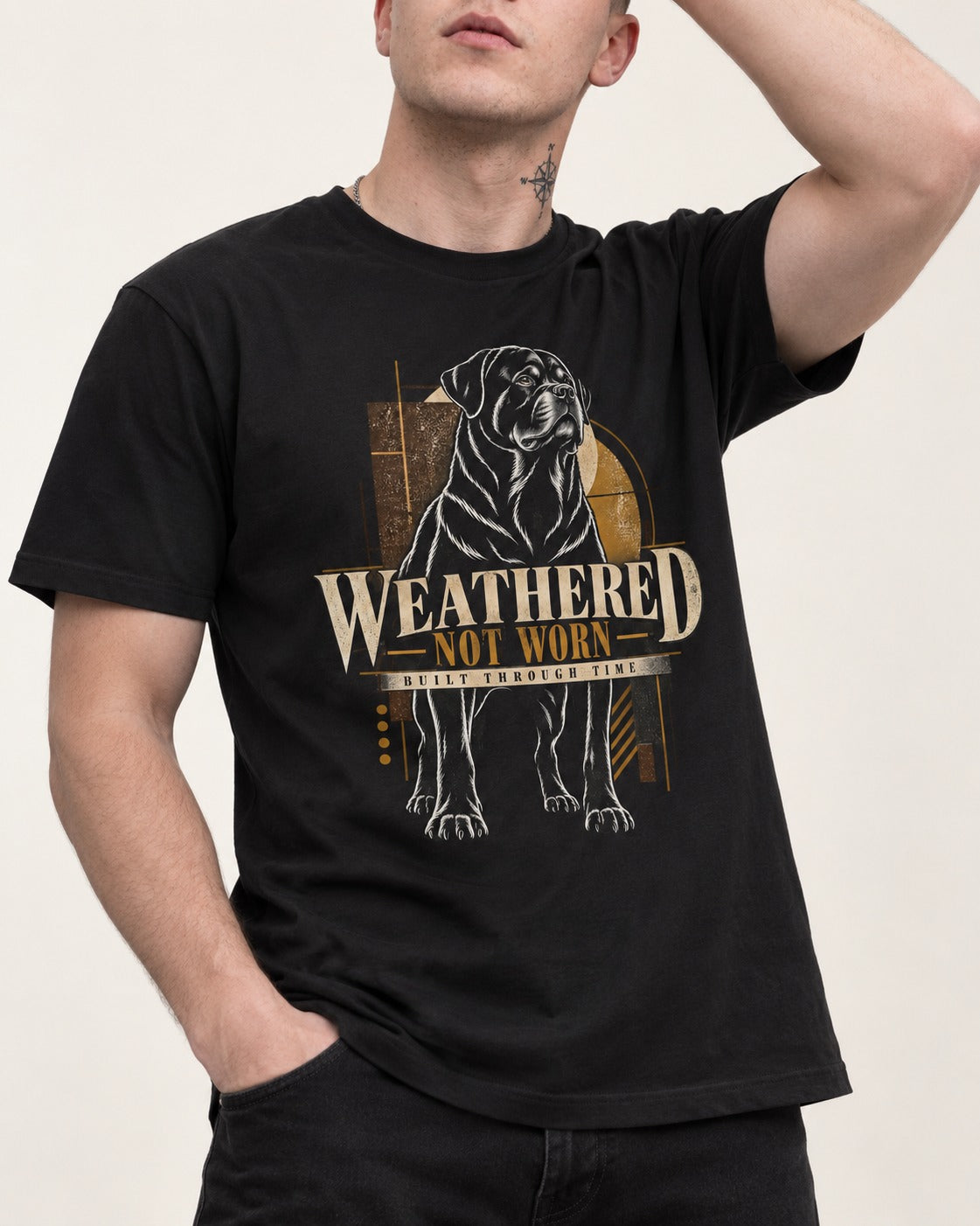Rottweiler Weathered Not Worn Geometric Graphic T-Shirt in Black, worn by a model, front view