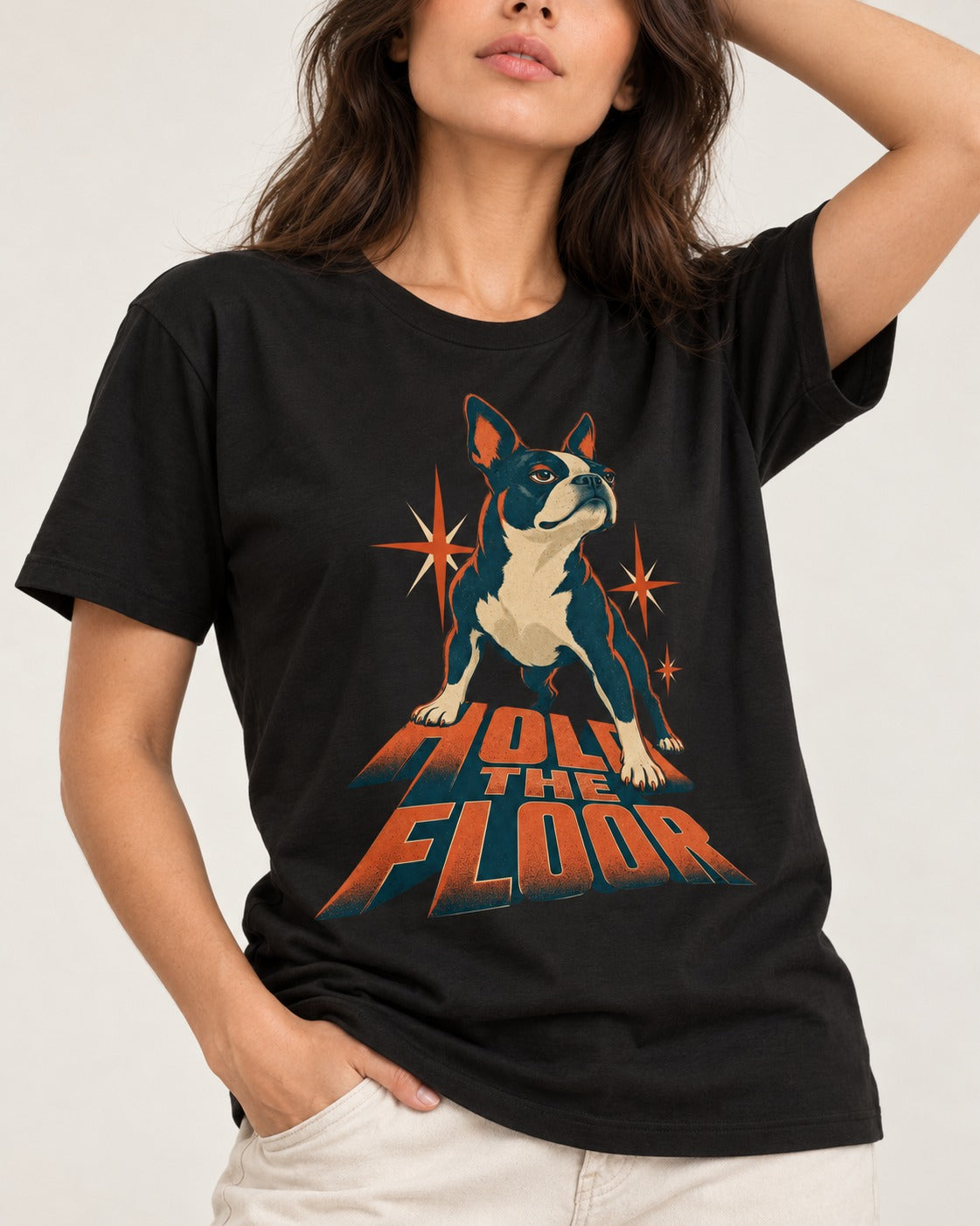 Boston Terrier On The Floor Perspective Graphic T-Shirt in Black, worn by a model, front view