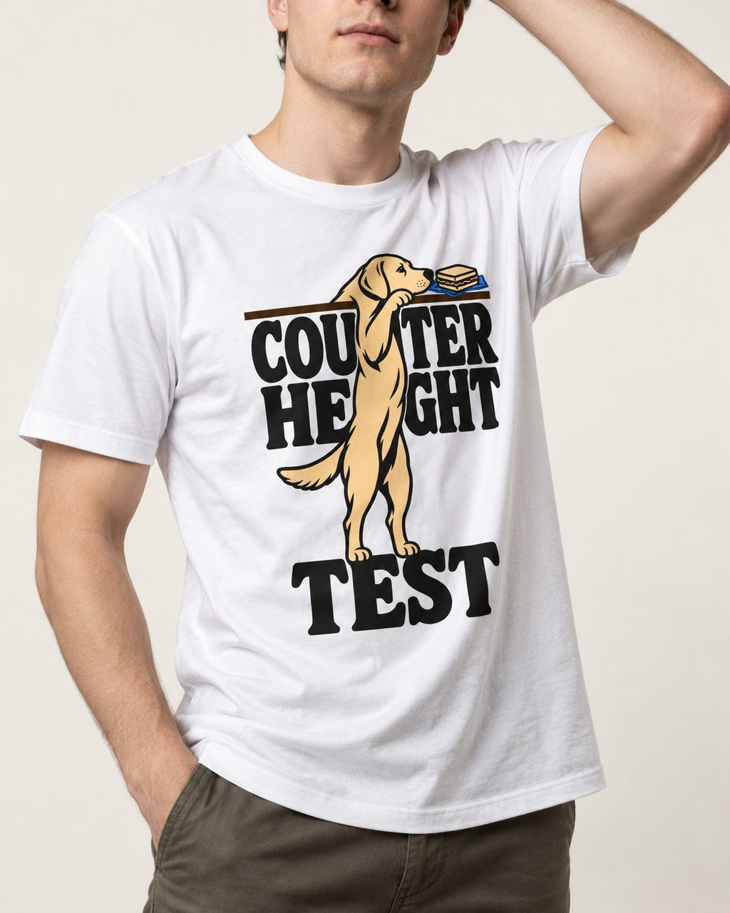 Labrador Retriever Counter Height Test T-Shirt in White, worn by a model, front view