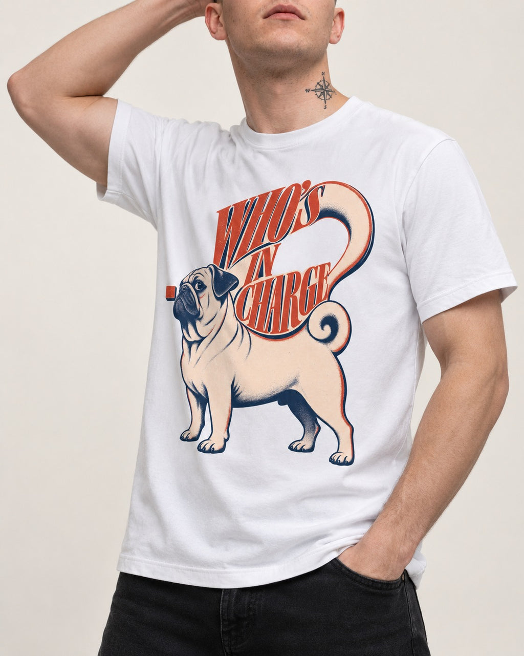 Pug In Charge T-Shirt in White, worn by a model, front view
