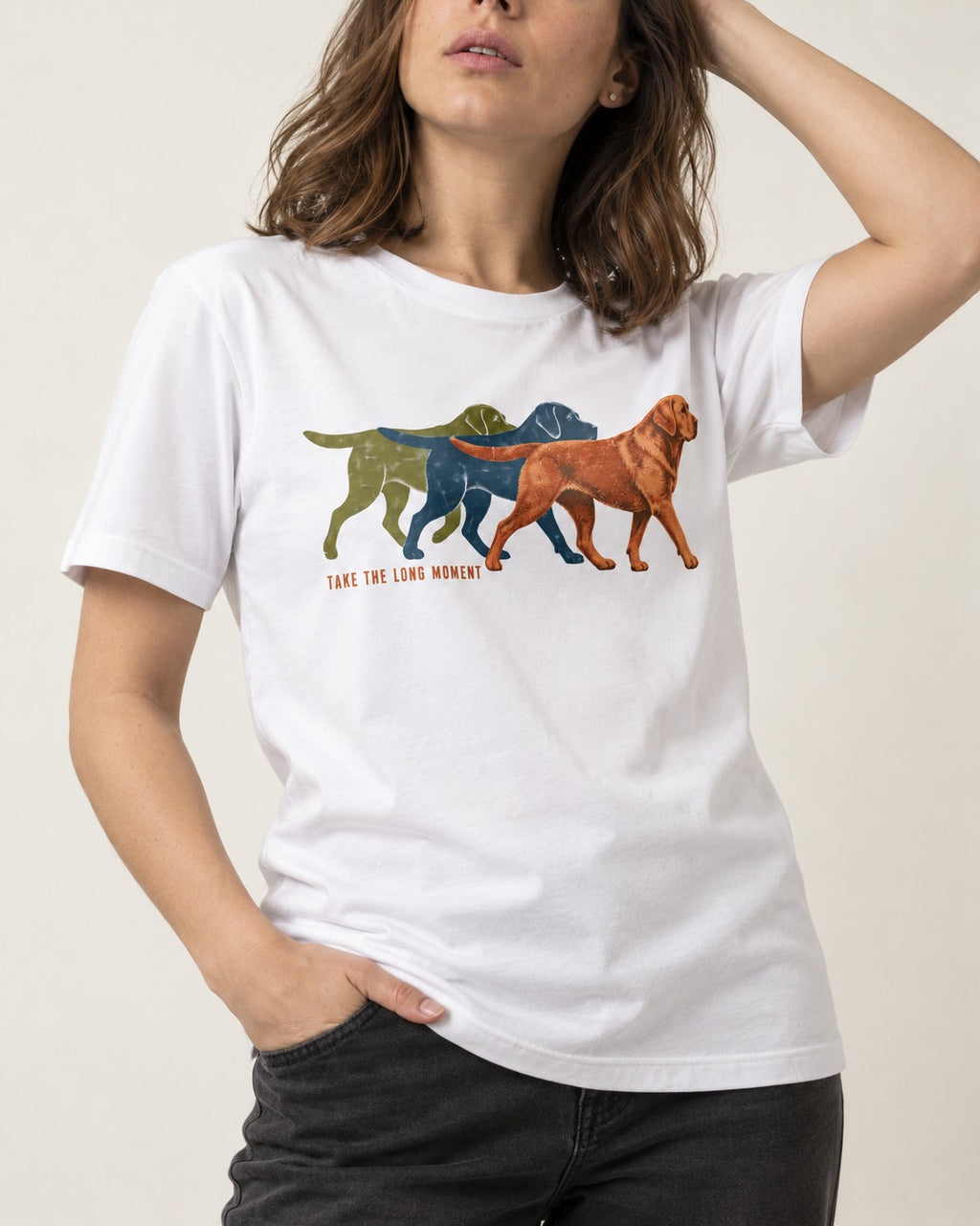 Take the Long Moment Labrador Retriever T-Shirt in White, worn by a model, front view