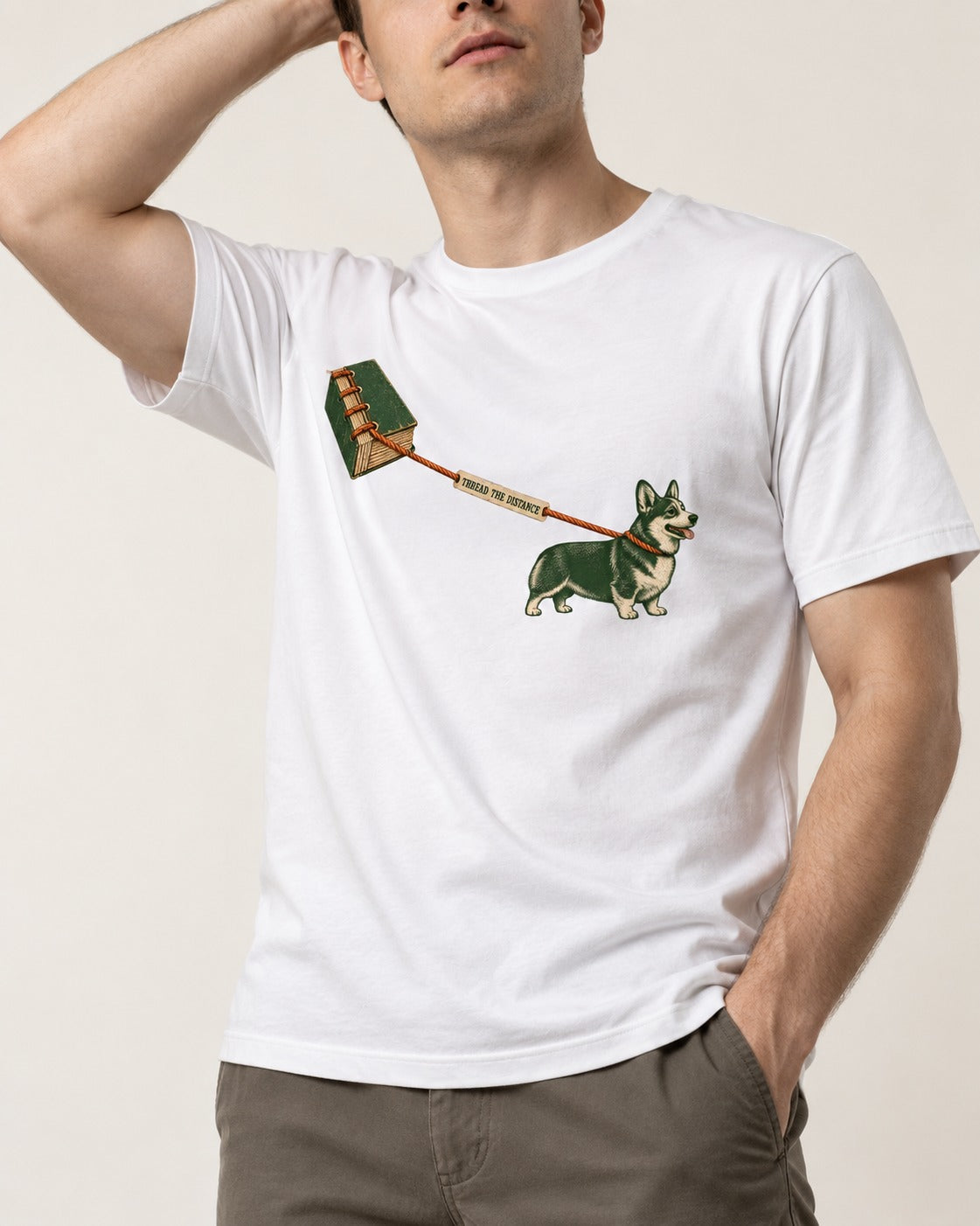 Thread the Distance with Corgi T-Shirt in White, worn by a model, front view