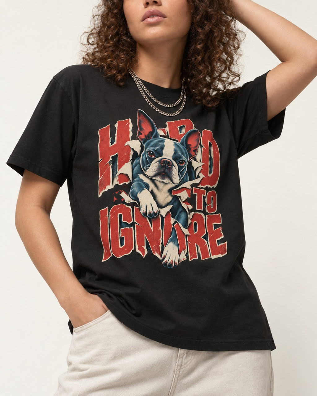 Hard to Ignore Boston Terrier Graphic T-Shirt in Black, worn by a model, front view