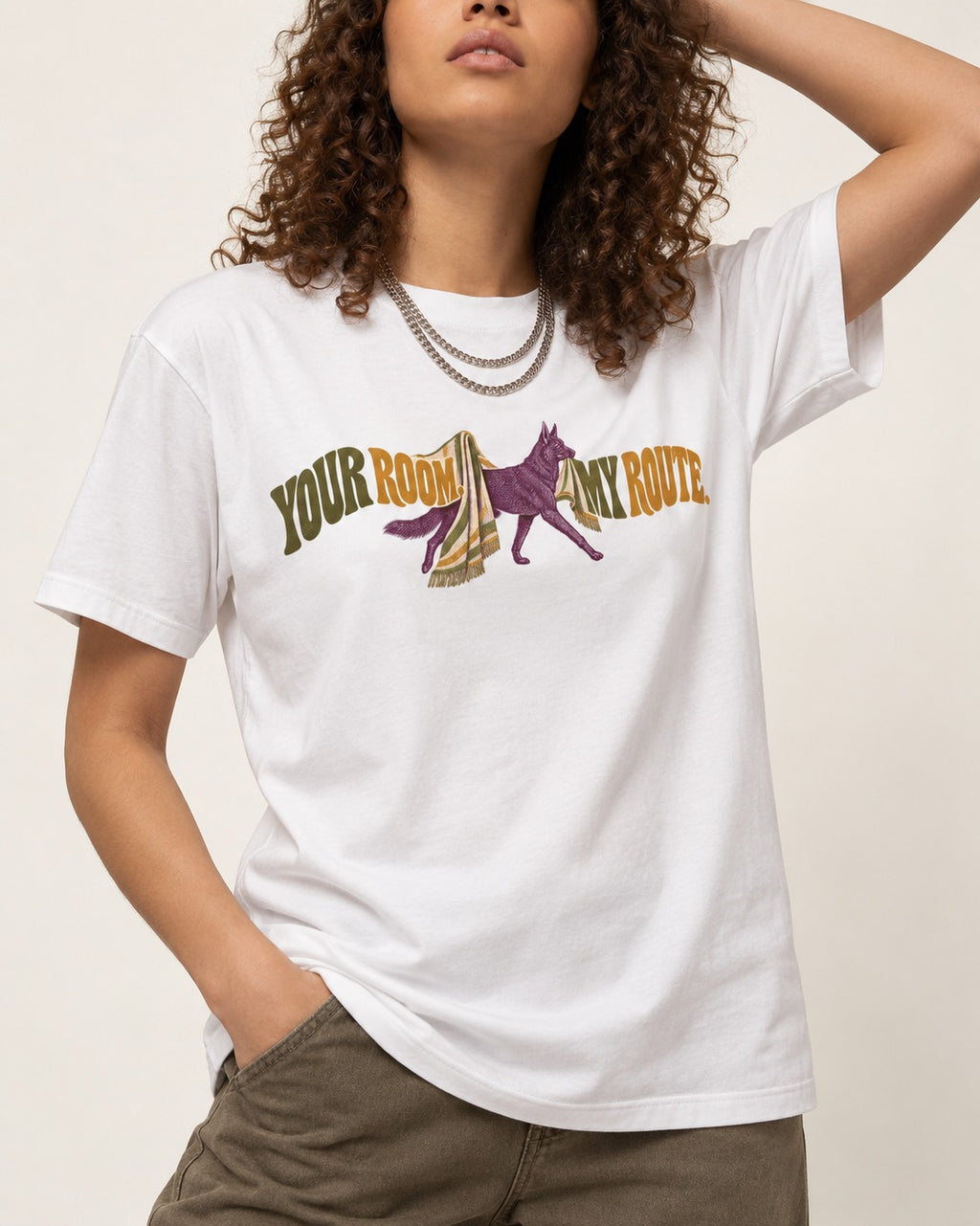 Your Room My Route German Shepherd Dog T-Shirt in White, worn by a model, front view