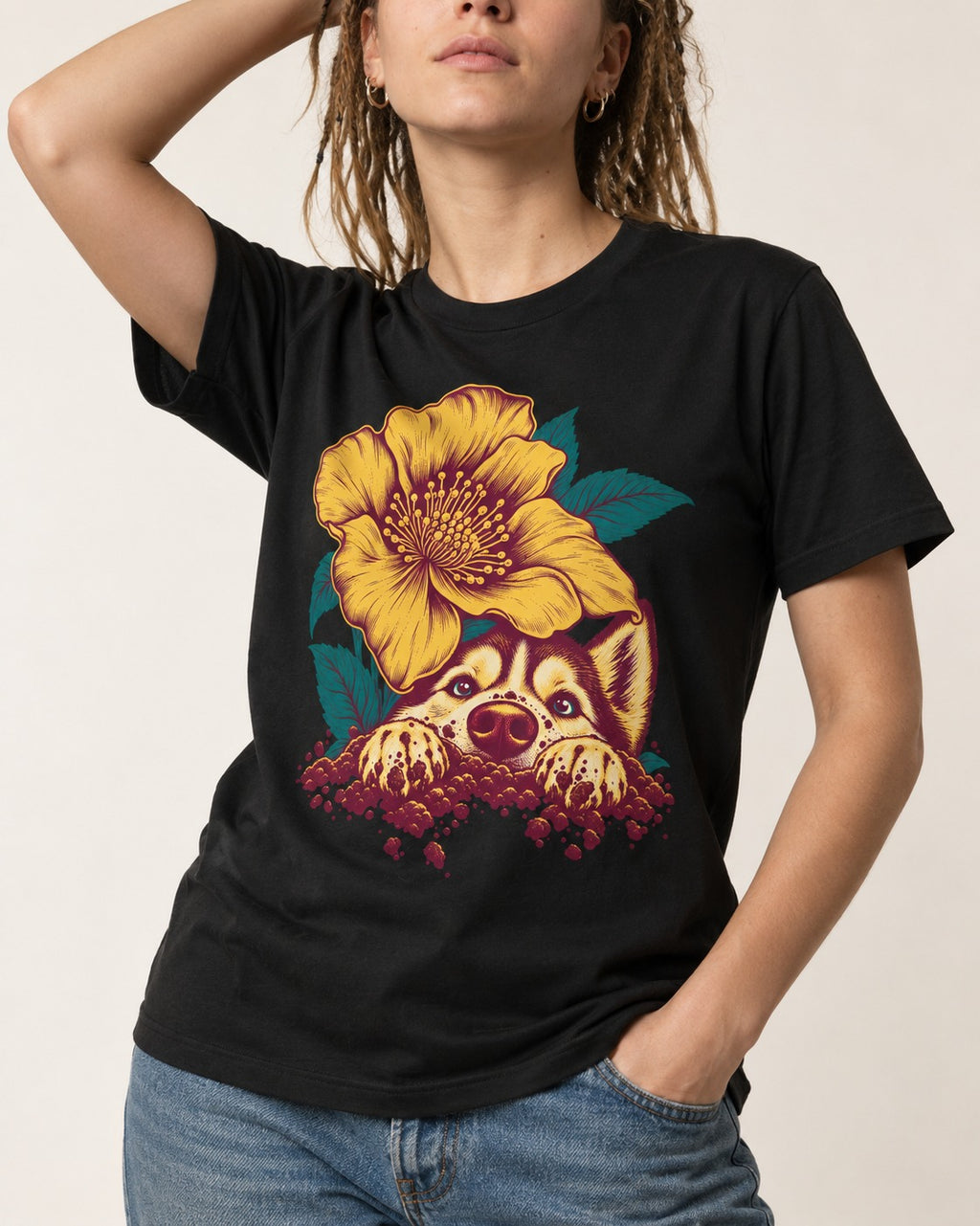Husky Flower Witness Peeking Floral Graphic T-Shirt in Black, worn by a model, front view