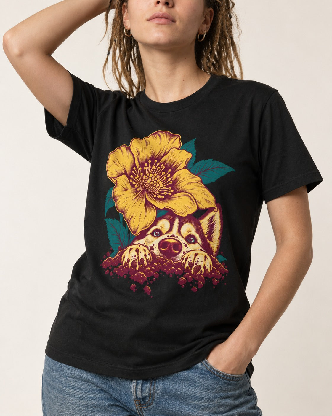 Husky Flower Witness Peeking Floral Graphic T-Shirt in Black, worn by a model, front view