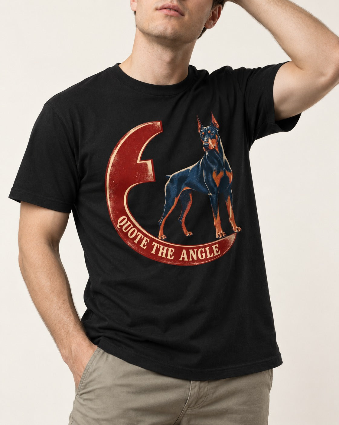 Doberman Quote the Angle Crescent Graphic T-Shirt in Black, worn by a model, front view