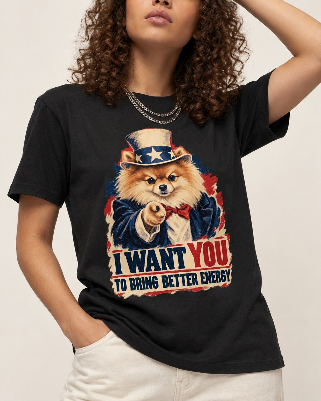 Pomeranian I Want You to Bring Better Energy Uncle Sam Graphic T-Shirt in Black, worn by a model, front view