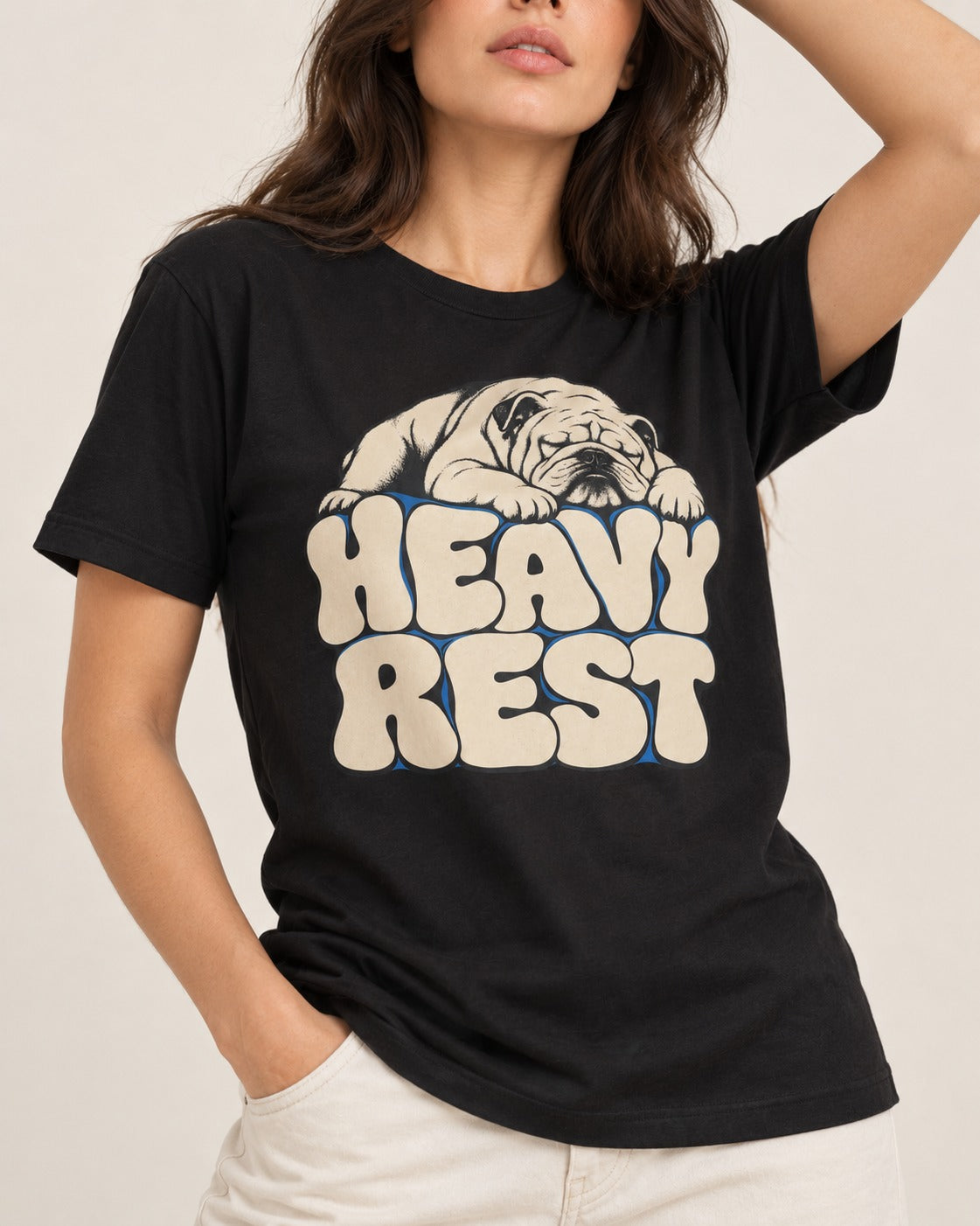 English Bulldog Heavy Rest Graphic T-Shirt in Black, worn by a model, front view