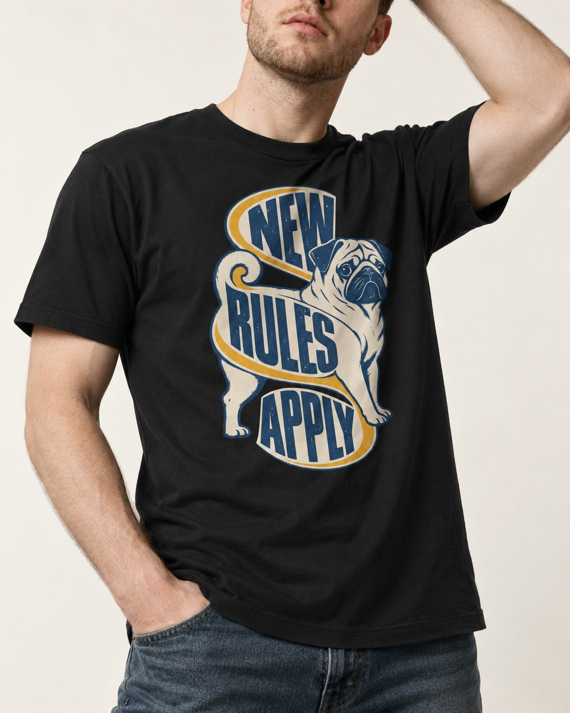 Pug New Rules Apply Ribbon Graphic T-Shirt in Black, worn by a model, front view