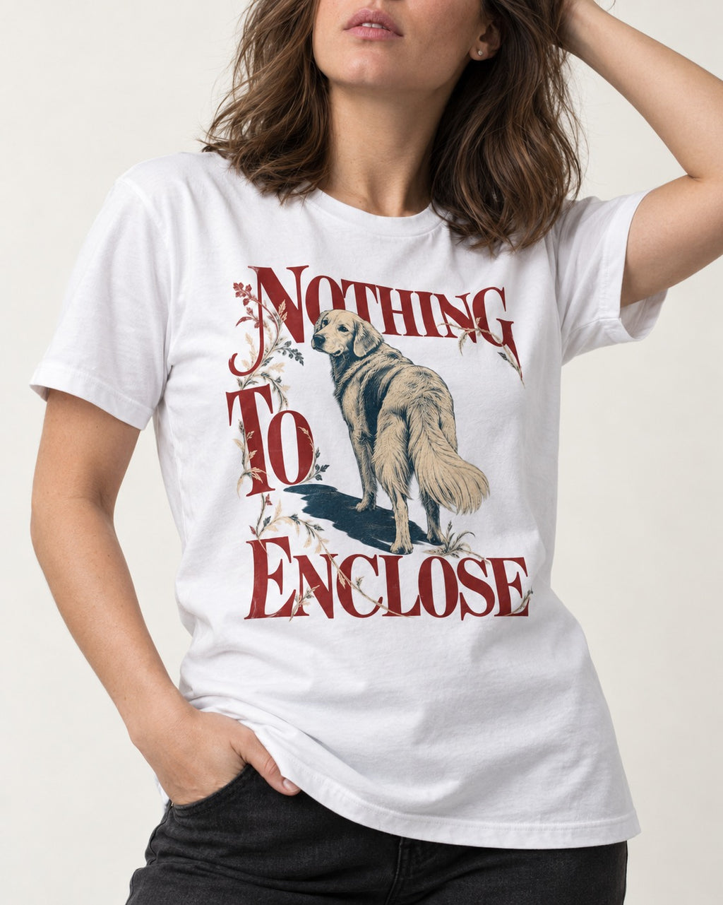 Golden Retriever Nothing to Enclose T-Shirt in White, worn by a model, front view