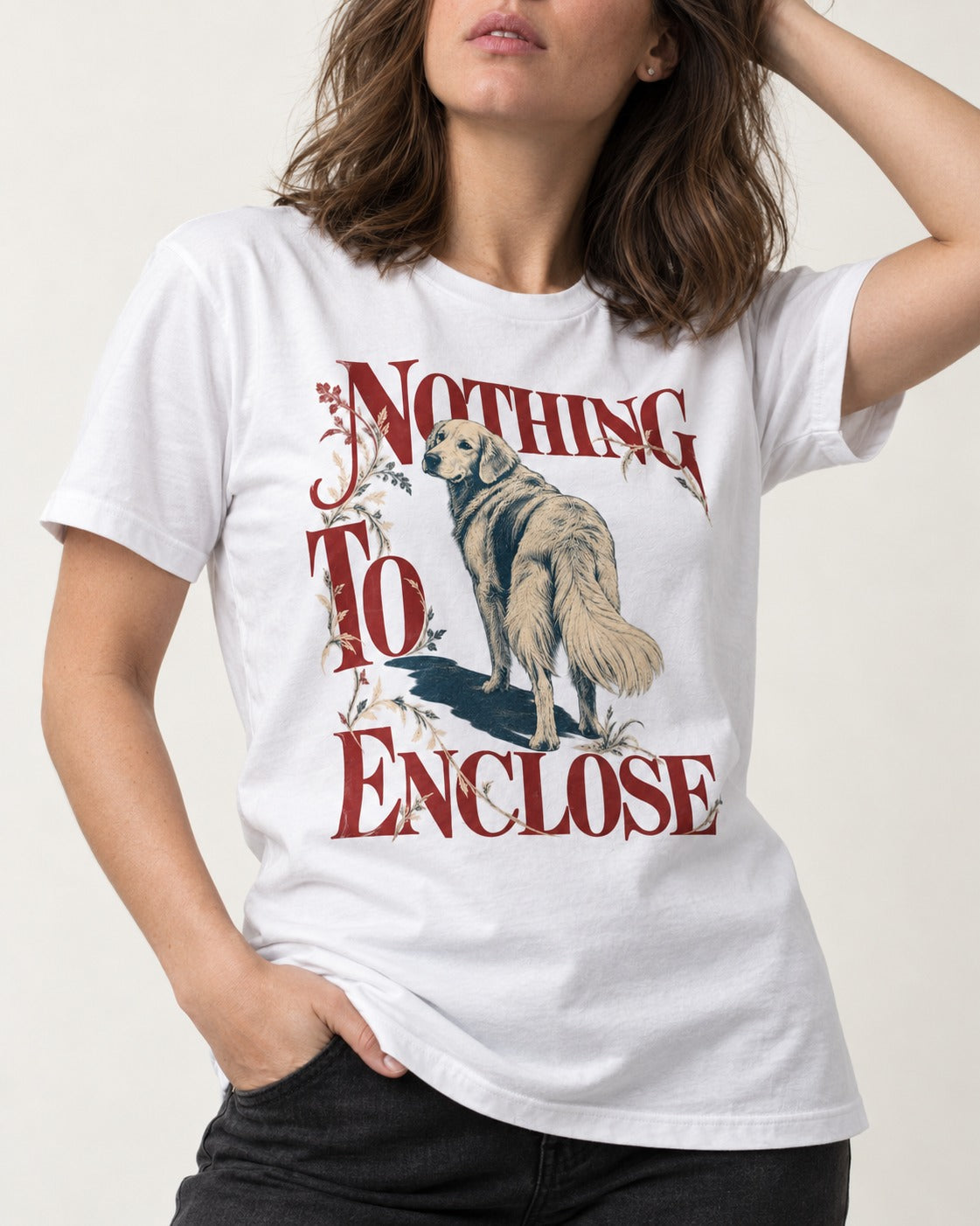 Golden Retriever Nothing to Enclose T-Shirt in White, worn by a model, front view
