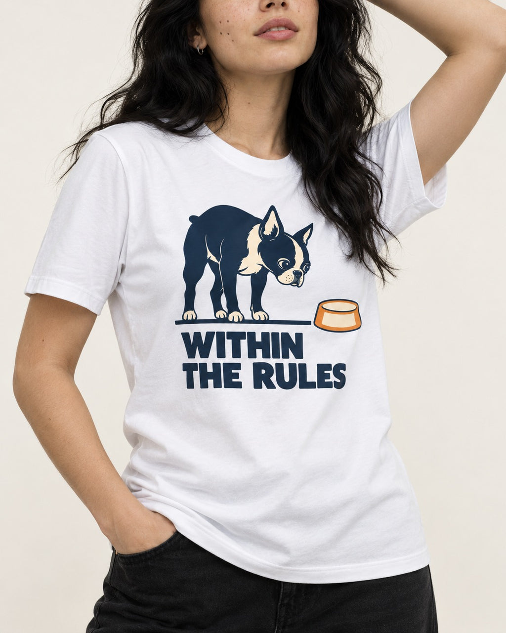 Within the Rules Boston Terrier T-Shirt in White, worn by a model, front view