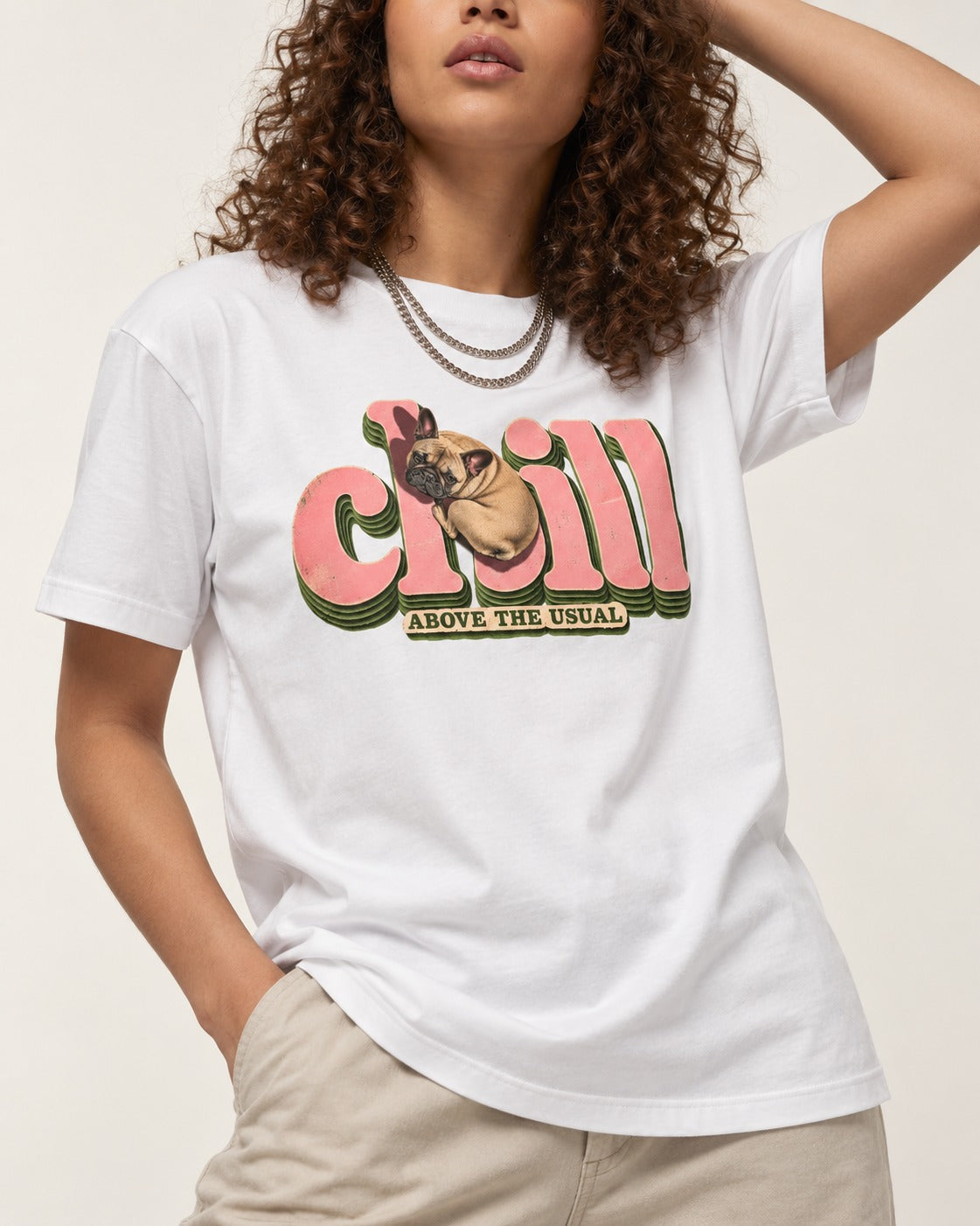 Frenchie Chill T-Shirt in White, worn by a model, front view