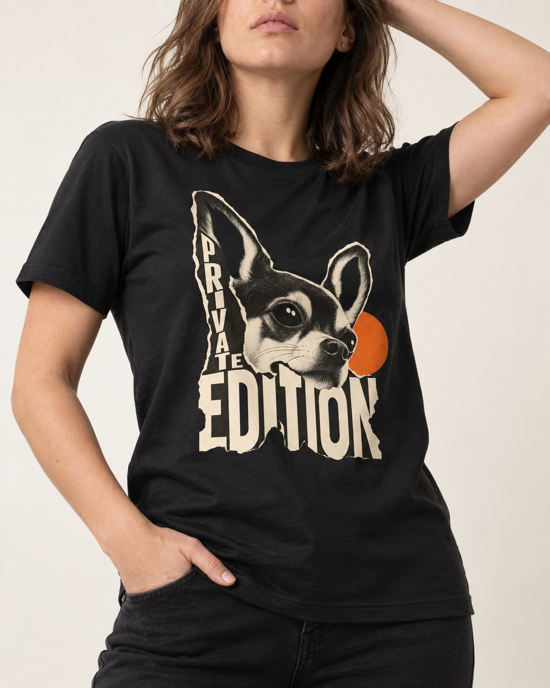 Chihuahua Private Edition Cut-Paper Portrait T-Shirt in Black, worn by a model, front view