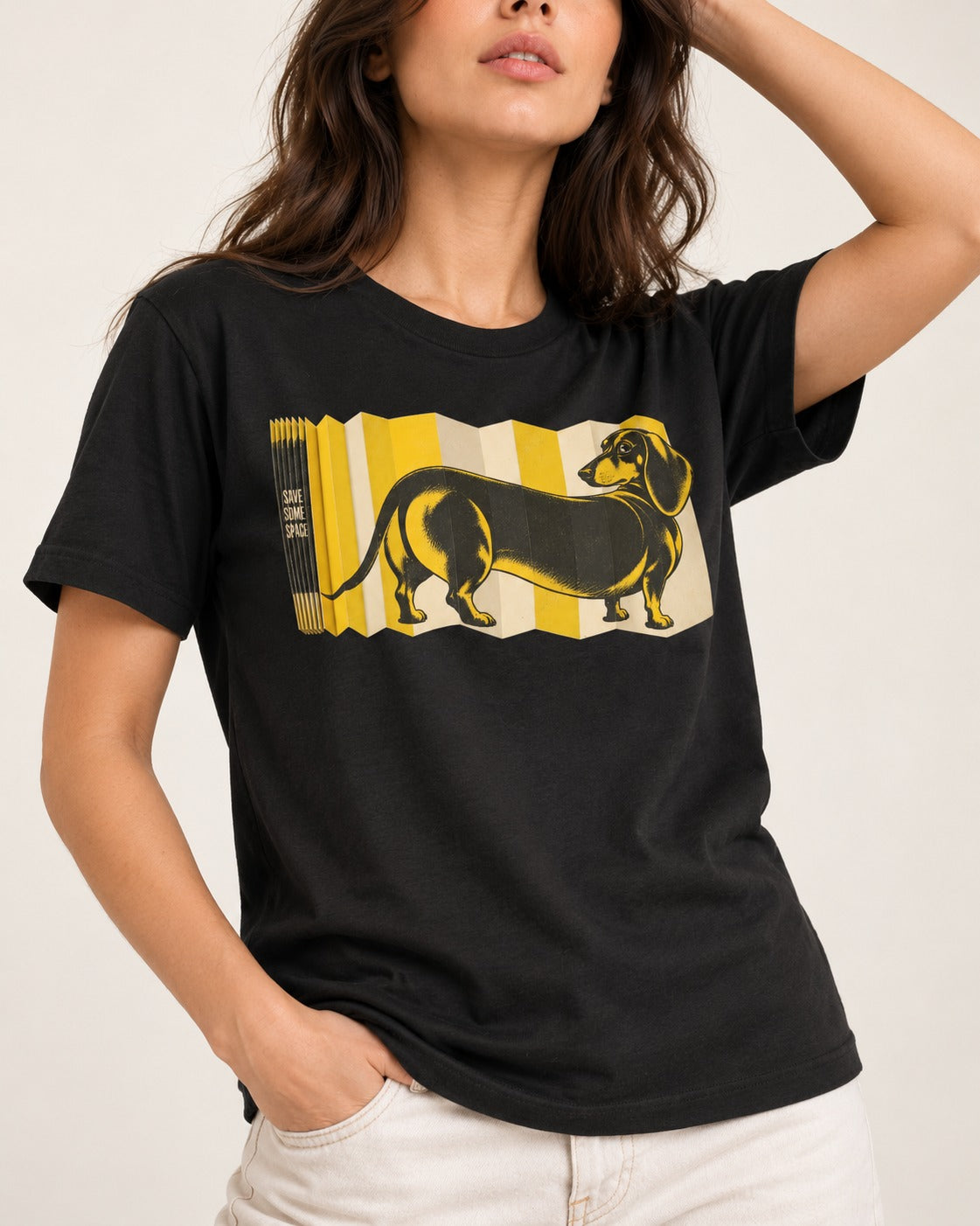 Dachshund Save Some Space Accordion Screen Graphic T-Shirt in Black, worn by a model, front view