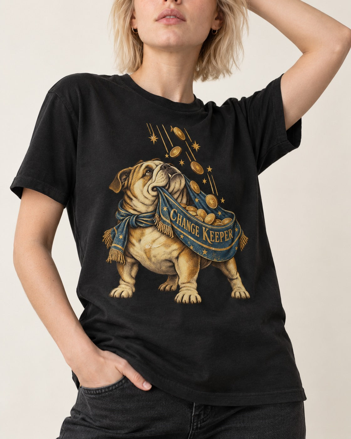English Bulldog Change Keeper Coin Scarf Graphic T-Shirt in Black, worn by a model, front view