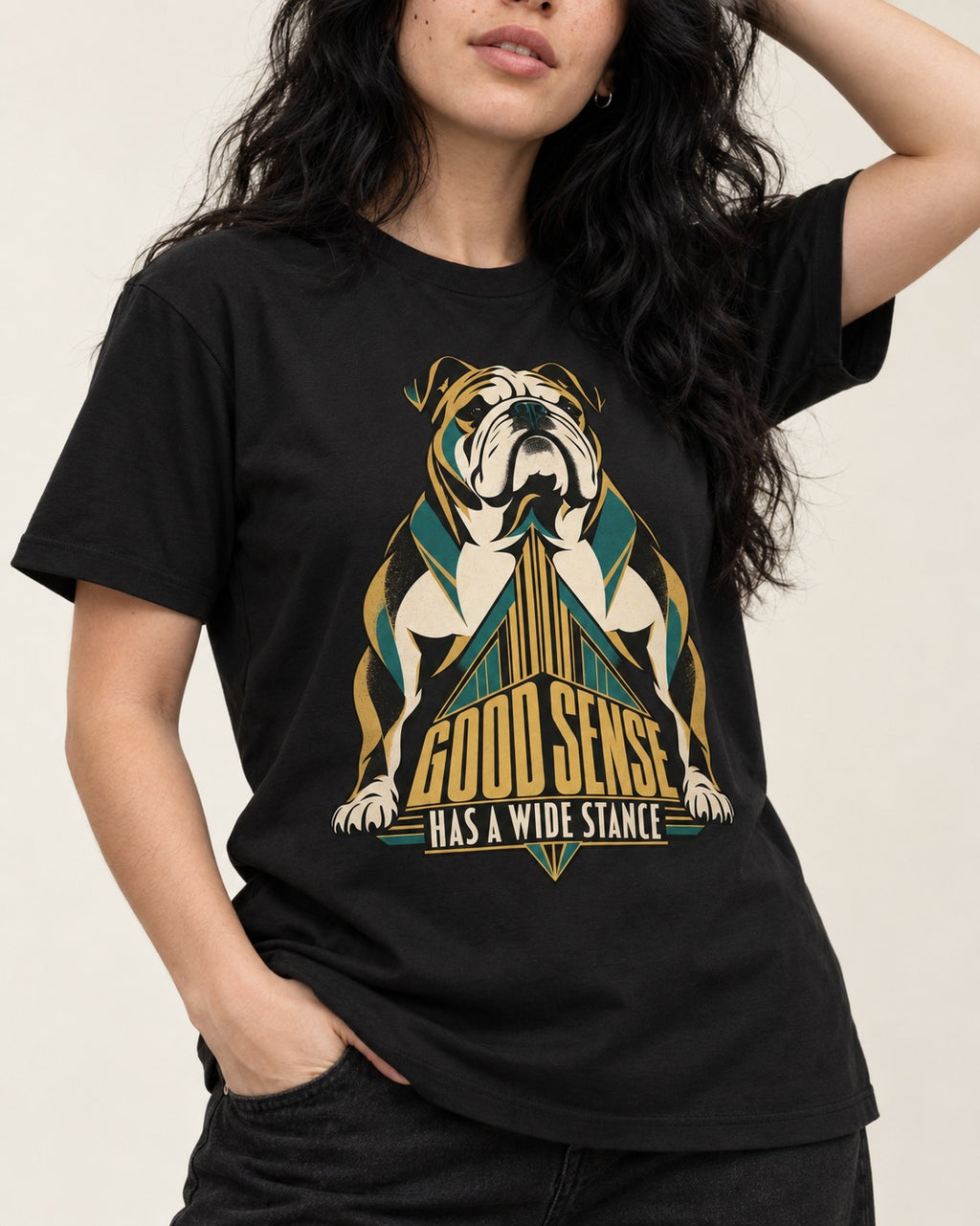 Good Sense Has a Wide Stance English Bulldog Graphic T-Shirt in Black, worn by a model, front view