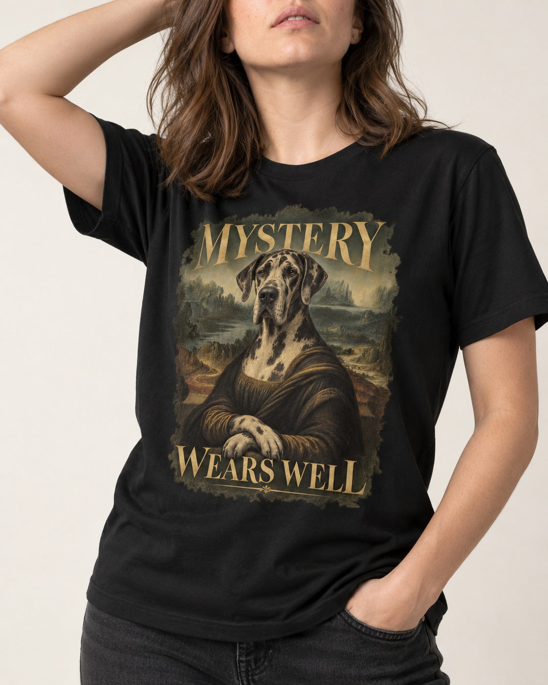 Great Dane Mystery Wears Well Renaissance Portrait Graphic T-Shirt in Black, worn by a model, front view